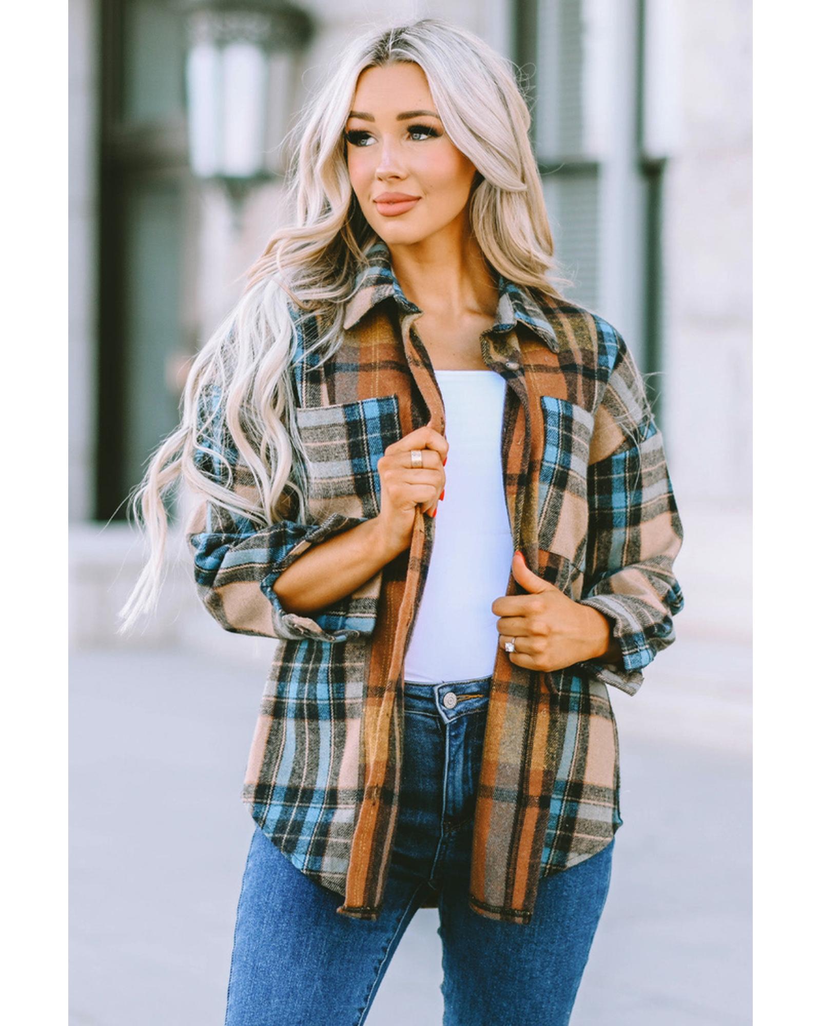 Azura Exchange Color Block Plaid Shirt with Buttoned Details - L