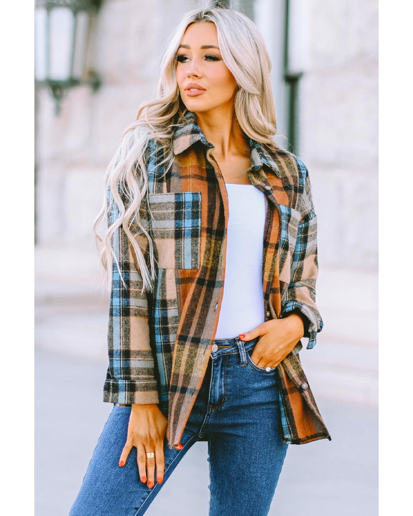 Azura Exchange Color Block Plaid Shirt with Buttoned Details - L