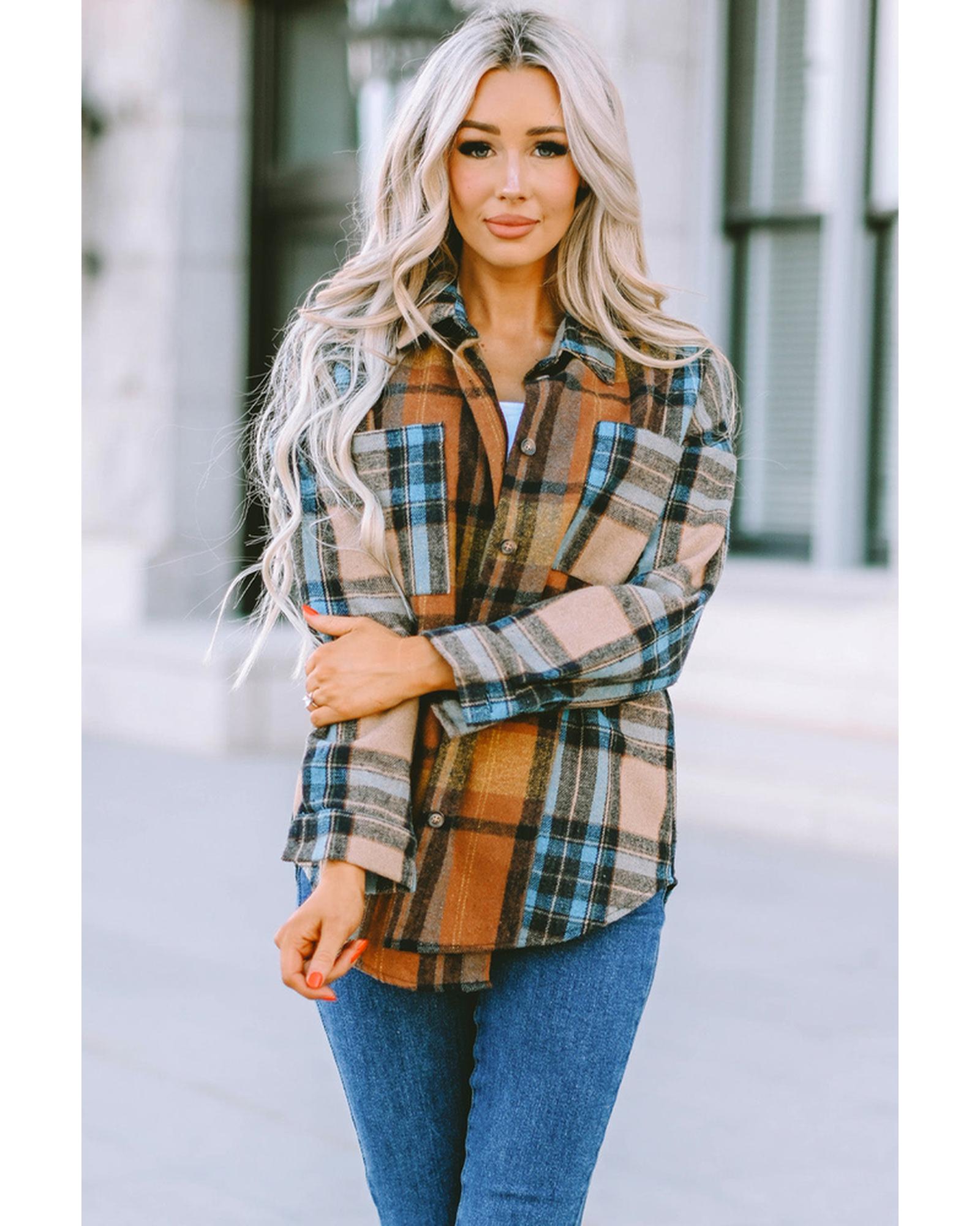 Azura Exchange Color Block Plaid Shirt with Buttoned Details - L