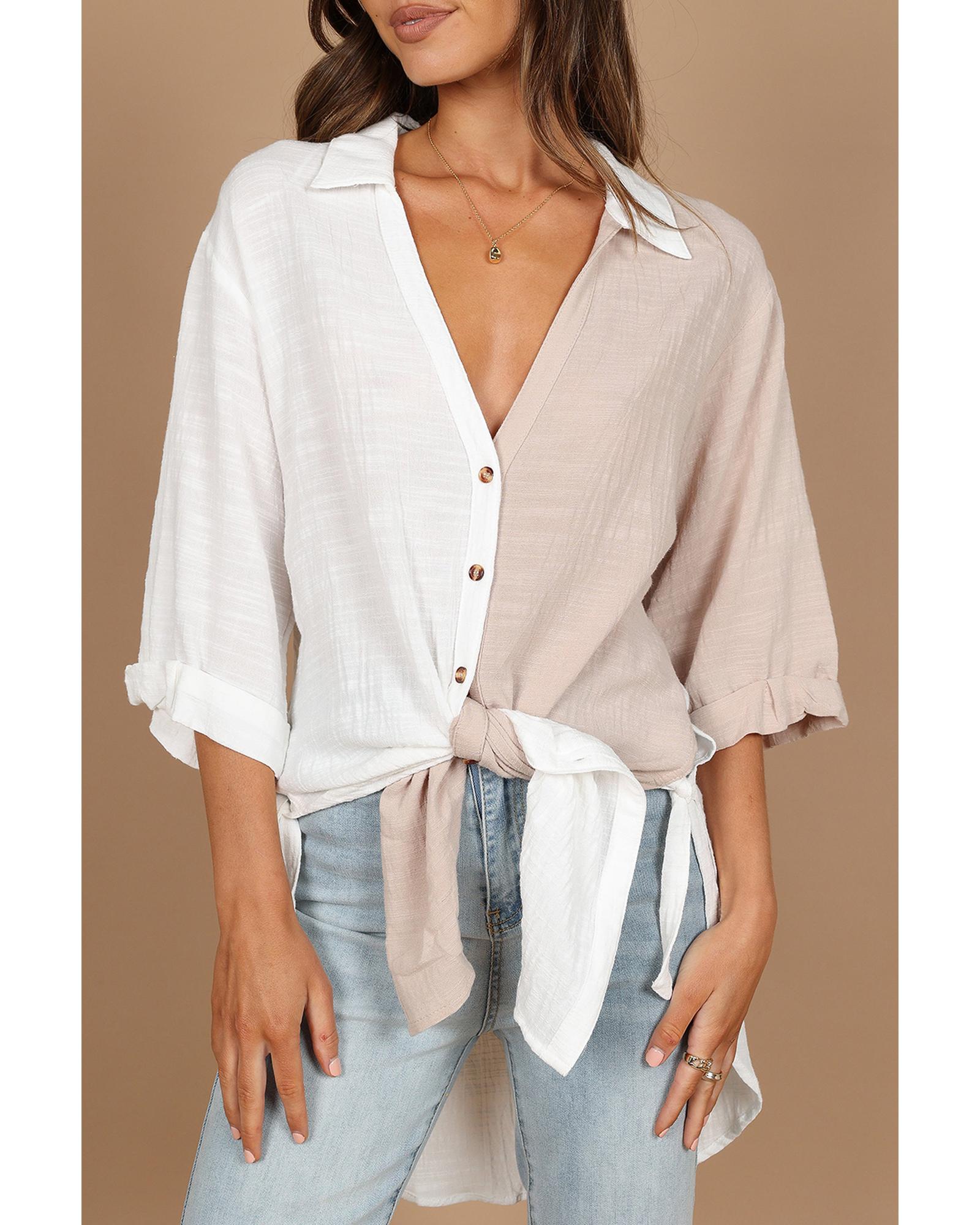 Azura Exchange Contrast Colorblock V Neck Collared Shirt - S