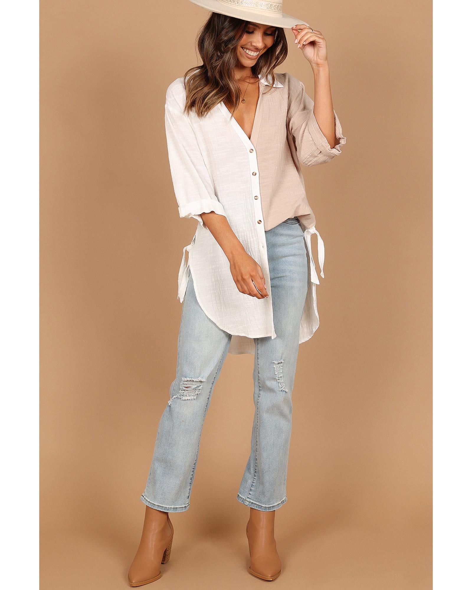 Azura Exchange Contrast Colorblock V Neck Collared Shirt - S