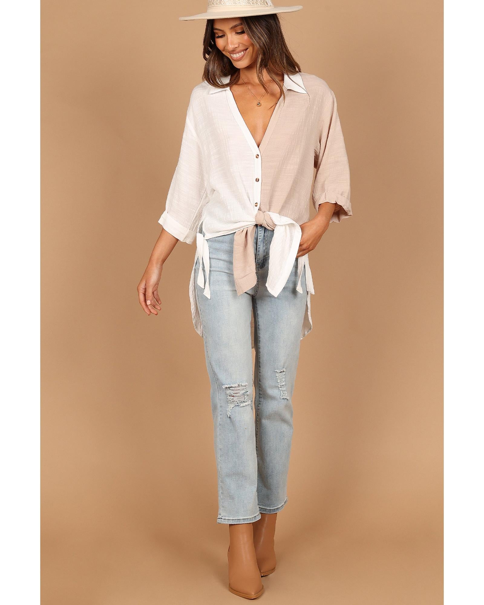 Azura Exchange Contrast Colorblock V Neck Collared Shirt - S