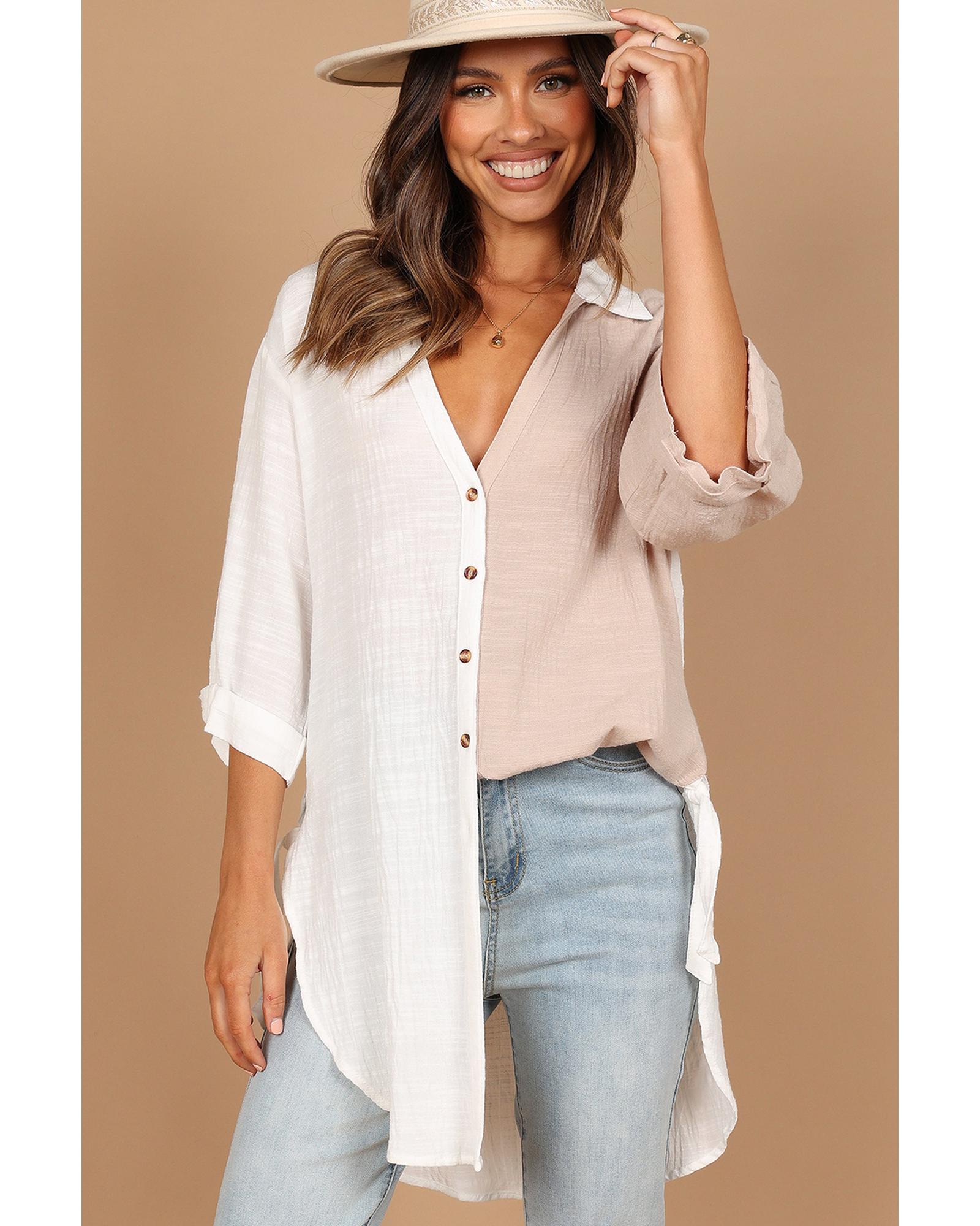 Azura Exchange Contrast Colorblock V Neck Collared Shirt - S