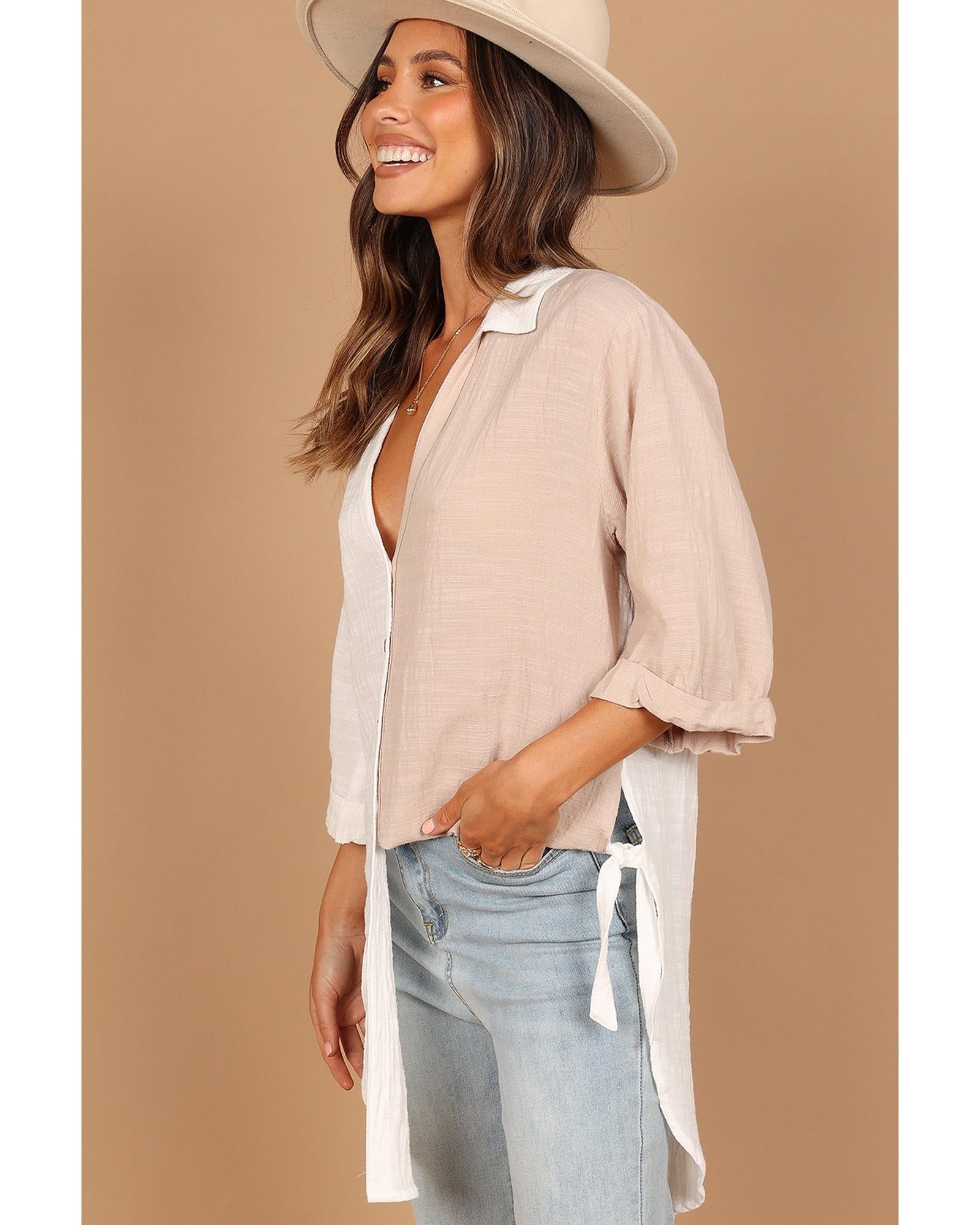 Azura Exchange Contrast Colorblock V Neck Collared Shirt - S