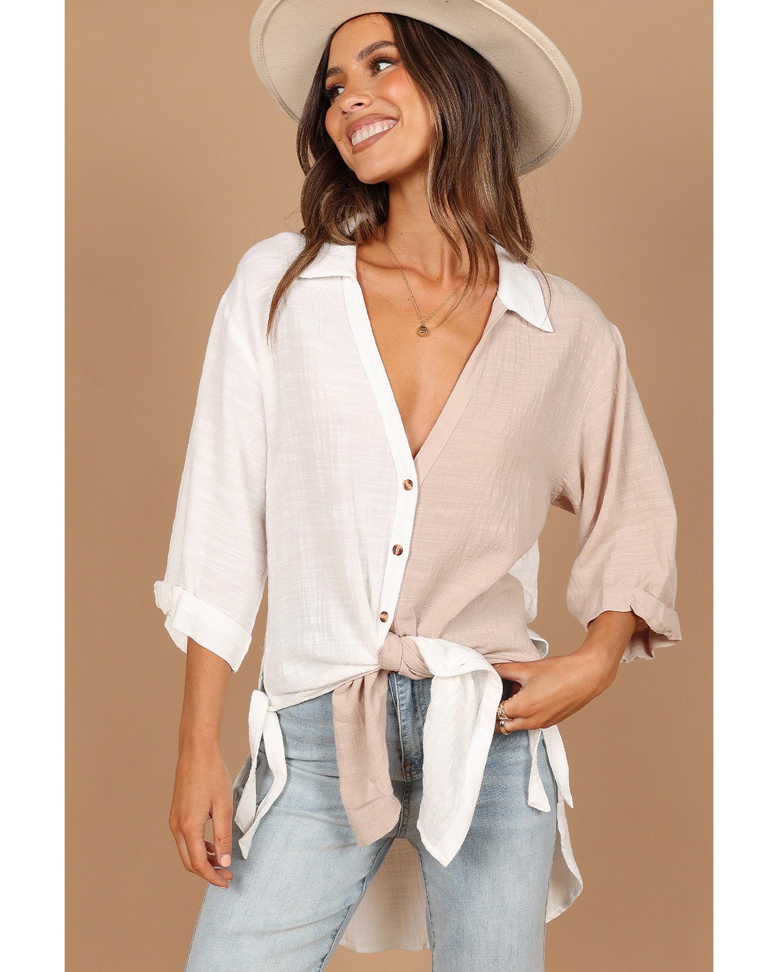 Azura Exchange Contrast Colorblock V Neck Collared Shirt - S