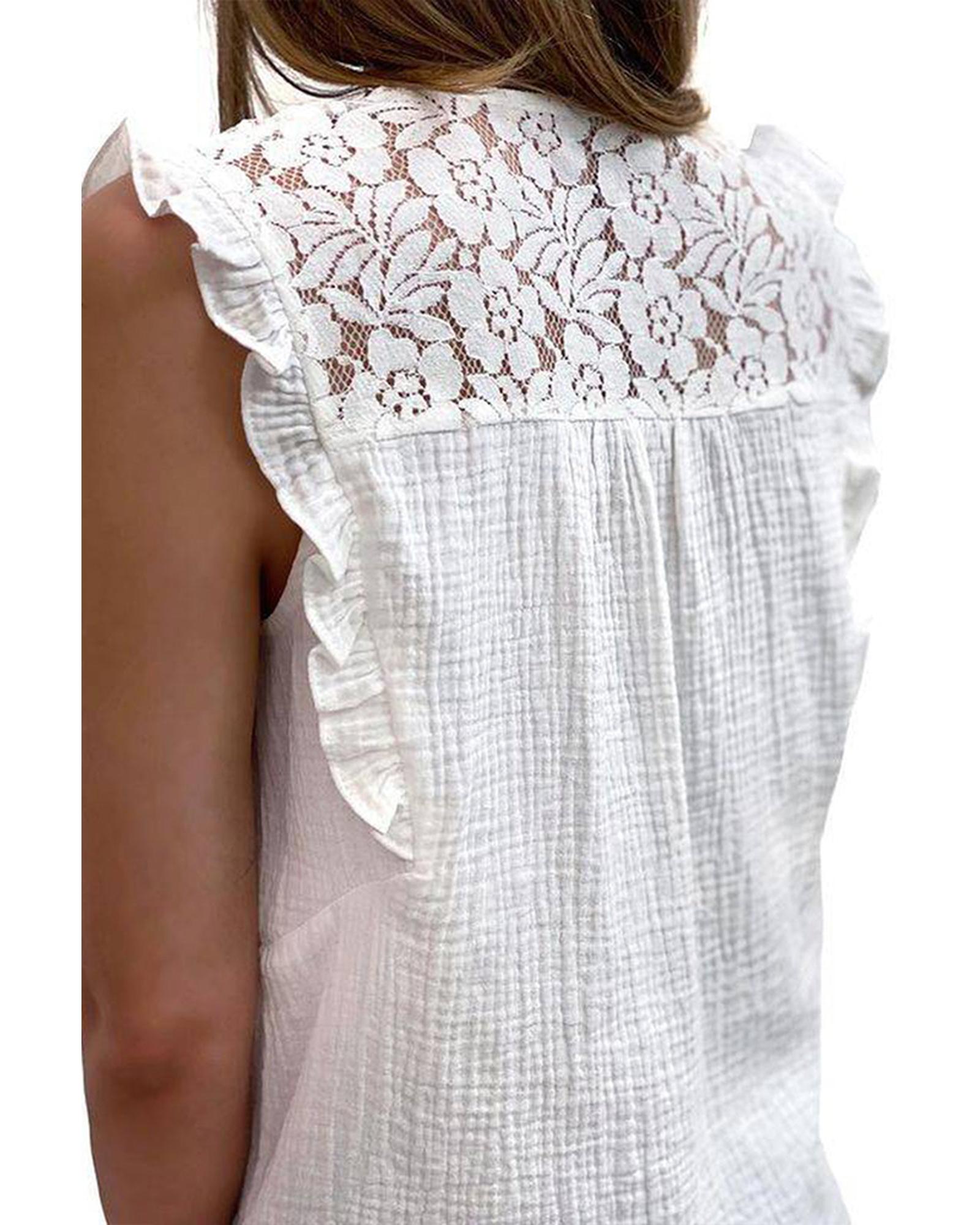 Azura Exchange Textured Sleeveless Shirt with Floral Lace Crochet - L