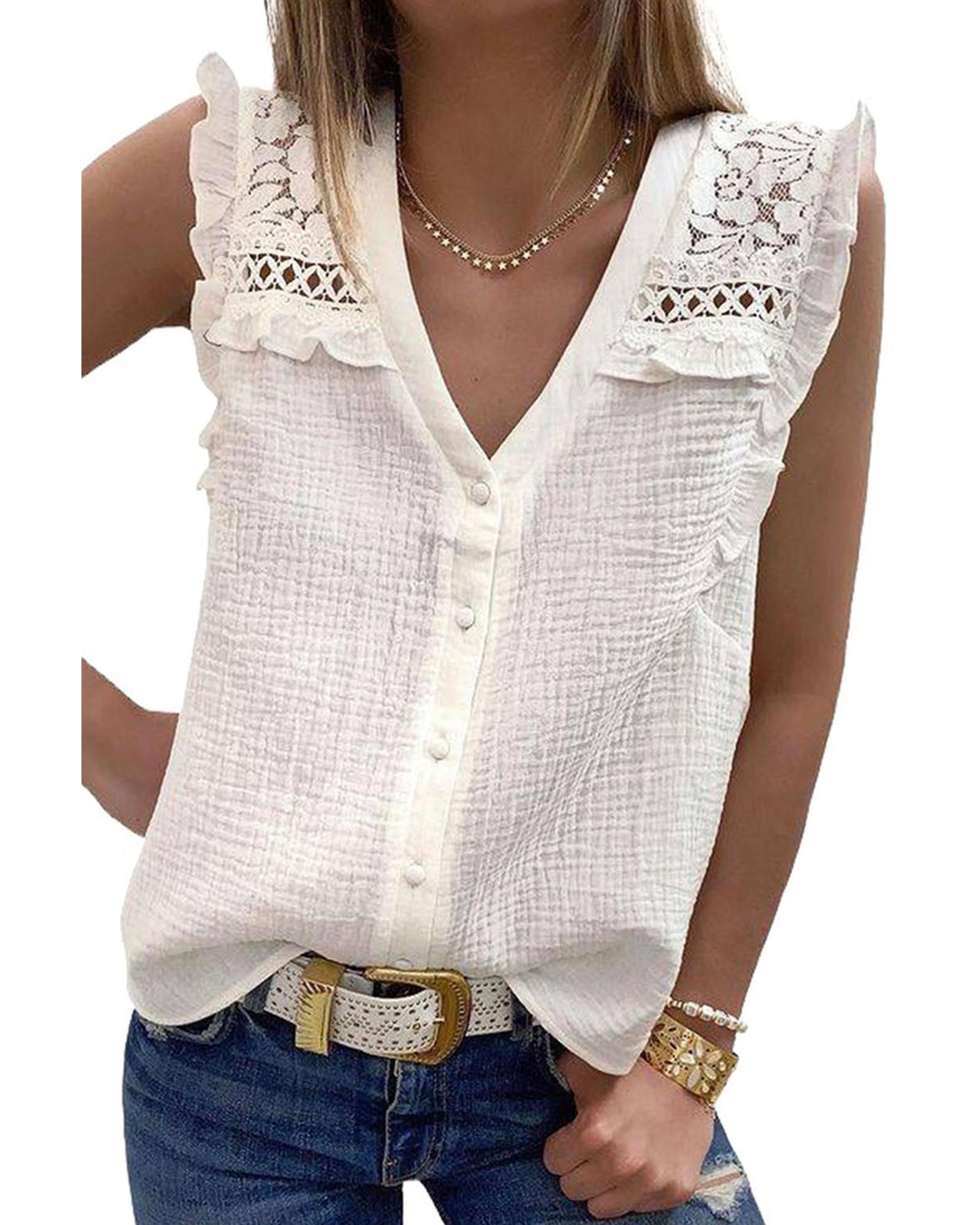 Azura Exchange Textured Sleeveless Shirt with Floral Lace Crochet - L