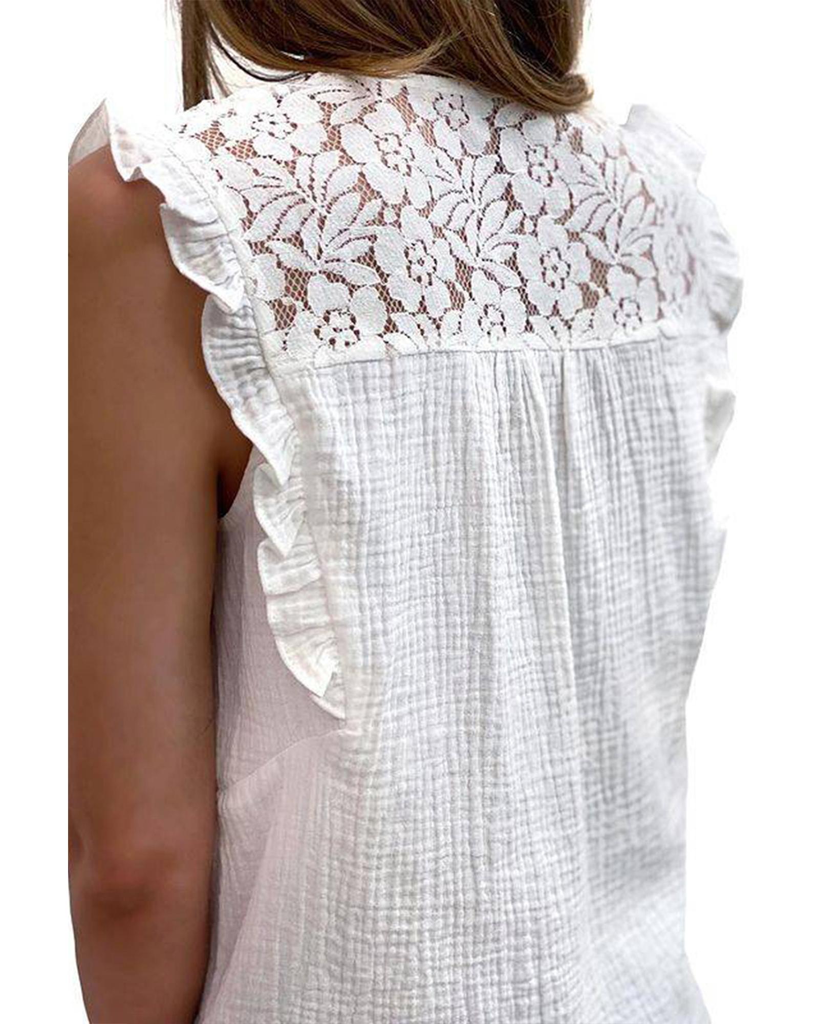 Azura Exchange Textured Sleeveless Shirt with Floral Lace Crochet - L