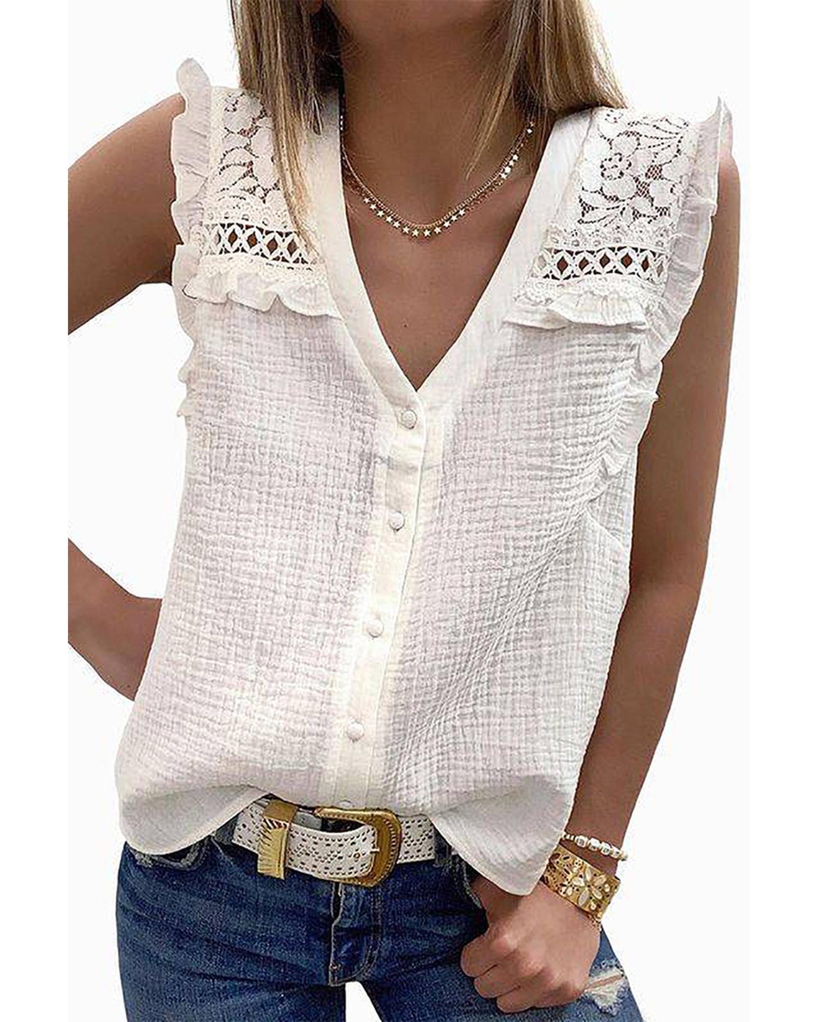 Azura Exchange Textured Sleeveless Shirt with Floral Lace Crochet - XL