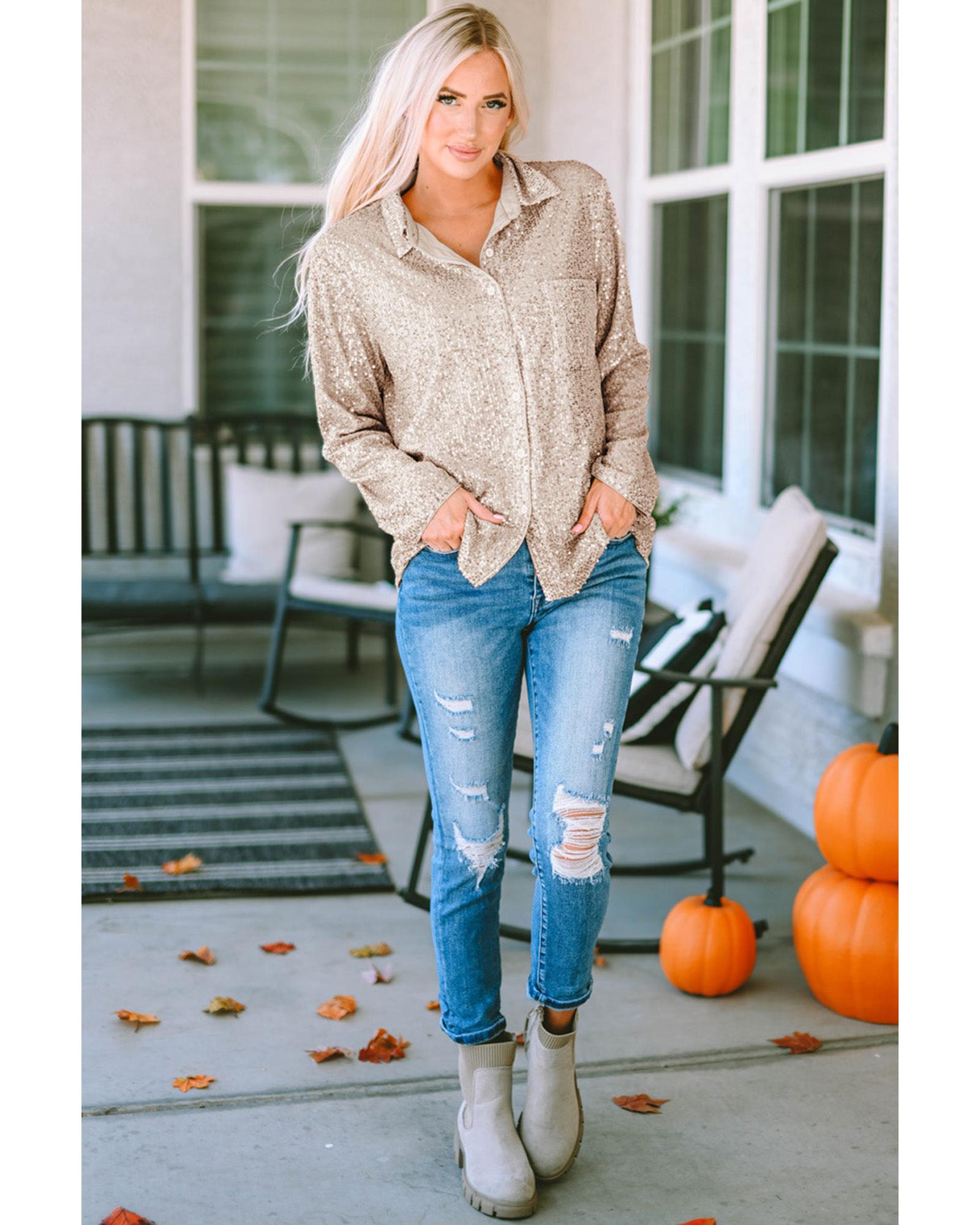 Azura Exchange Sequin Collared Bust Pocket Buttoned Shirt - S