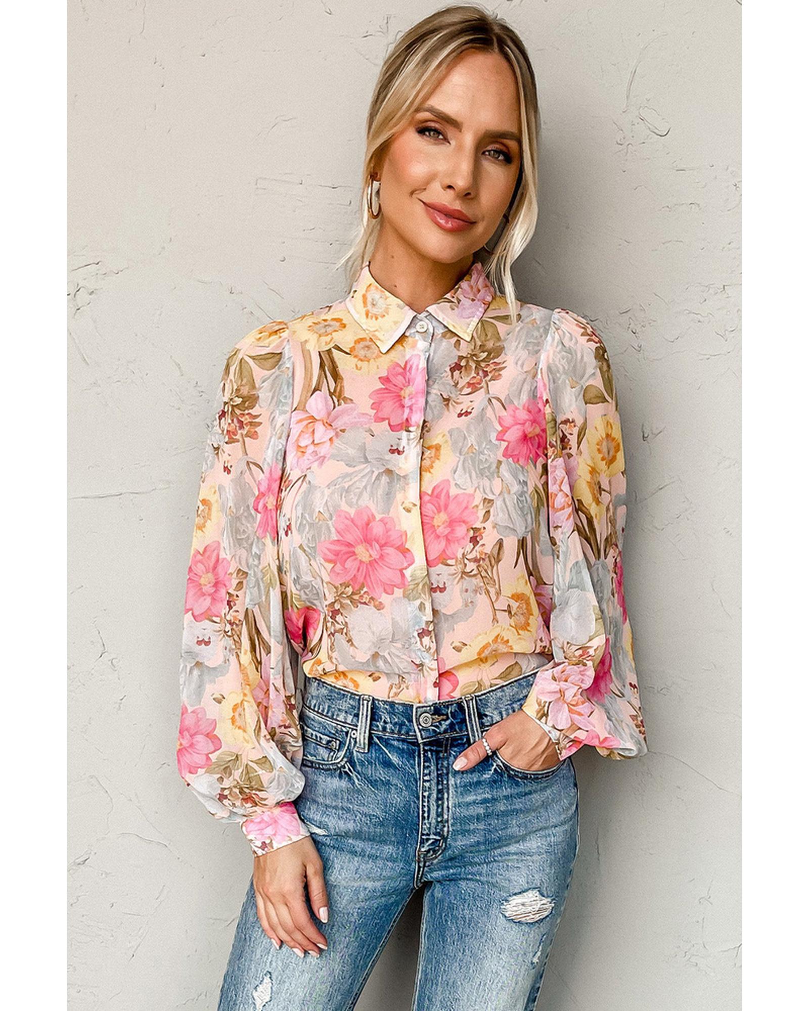 Azura Exchange Floral Collared Shirt with Puff Sleeves - M