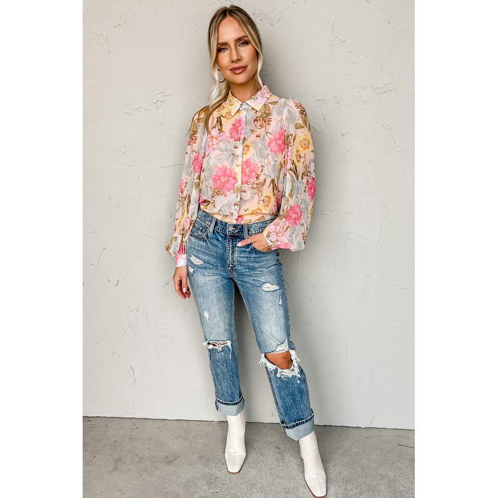 Azura Exchange Floral Collared Shirt with Puff Sleeves - M