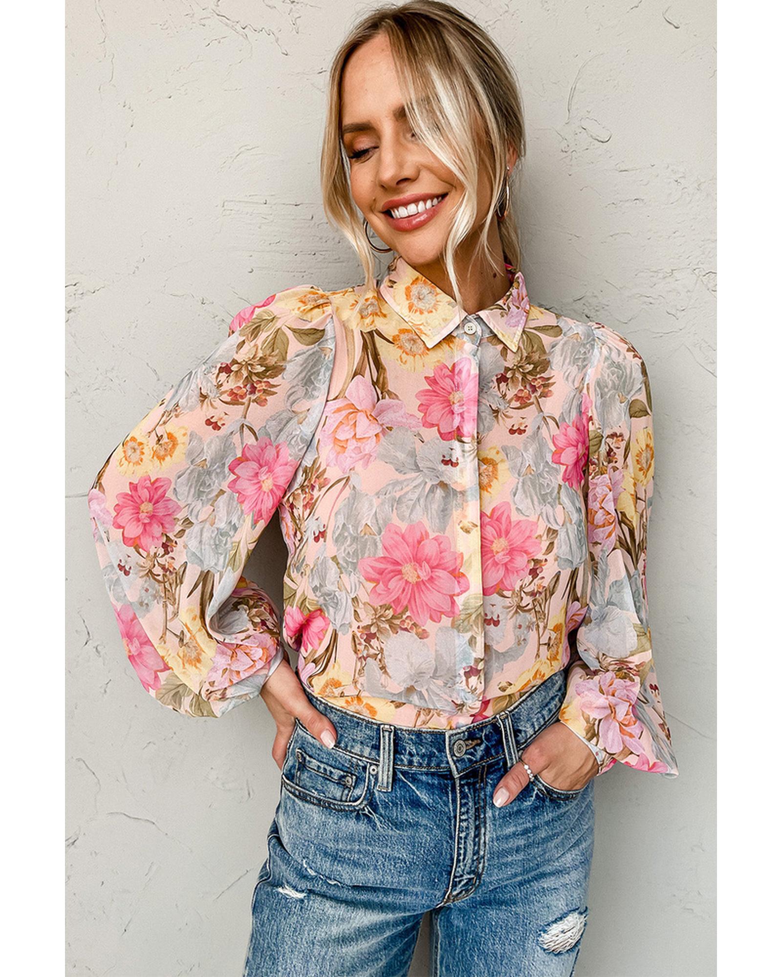 Azura Exchange Floral Collared Shirt with Puff Sleeves - M