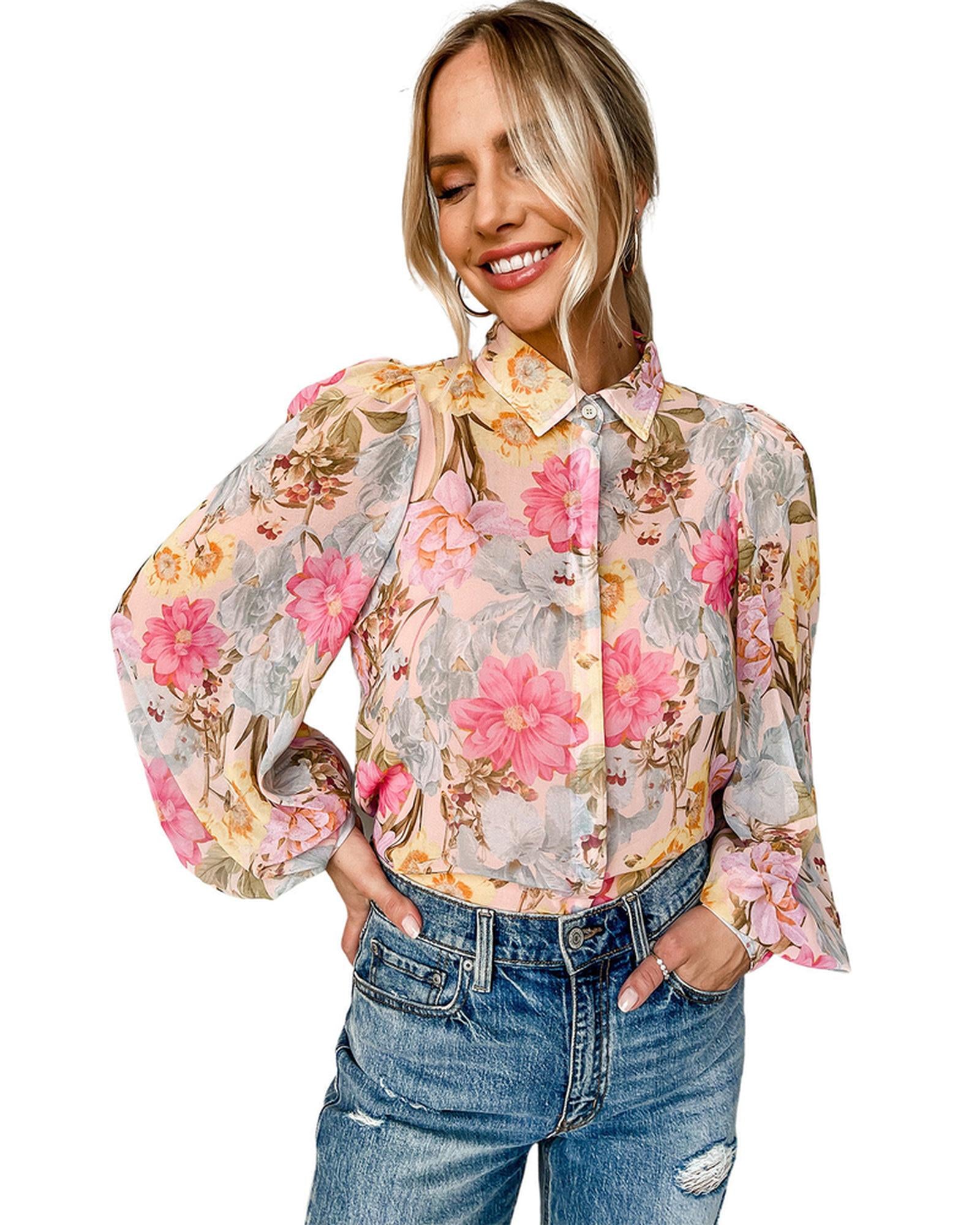 Azura Exchange Floral Collared Shirt with Puff Sleeves - M