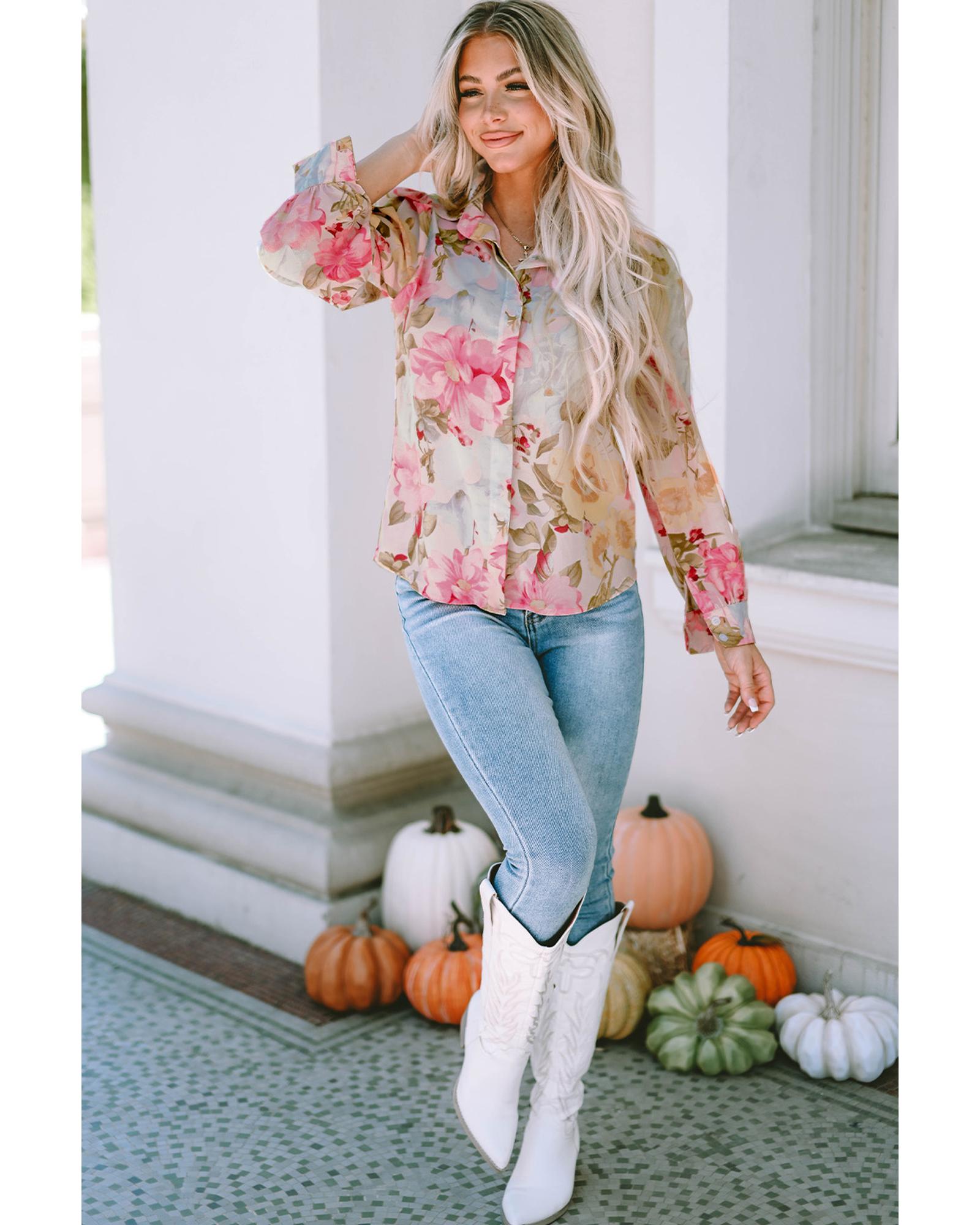 Azura Exchange Floral Collared Shirt with Puff Sleeves - M