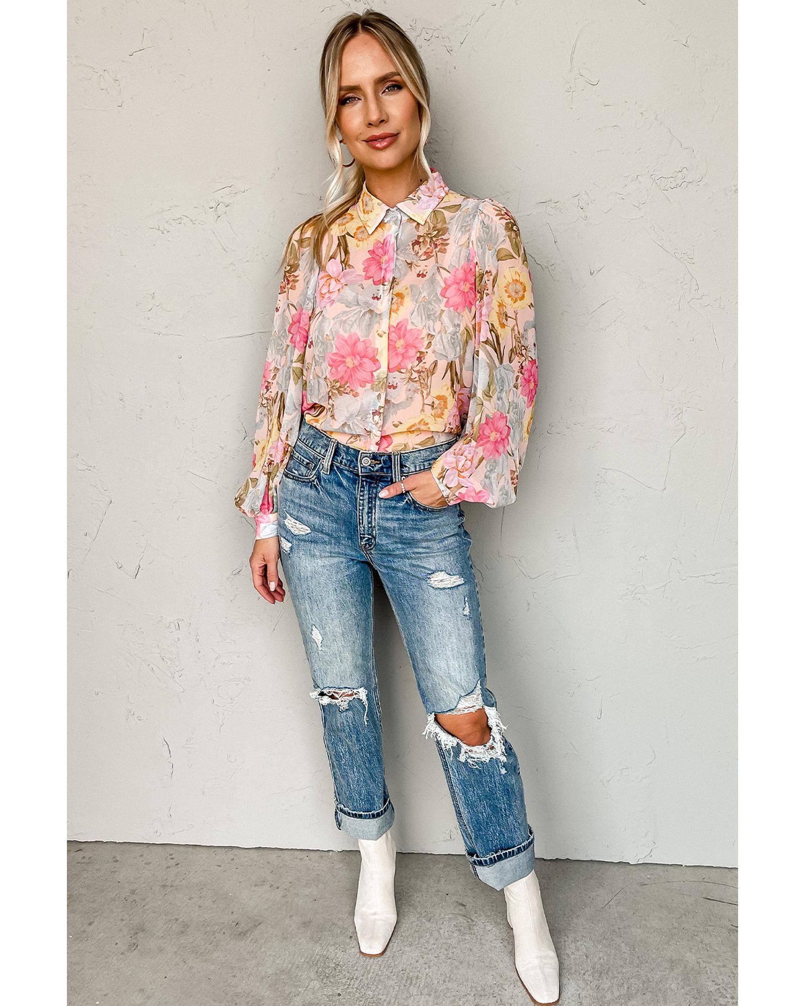 Azura Exchange Floral Collared Shirt with Puff Sleeves - M