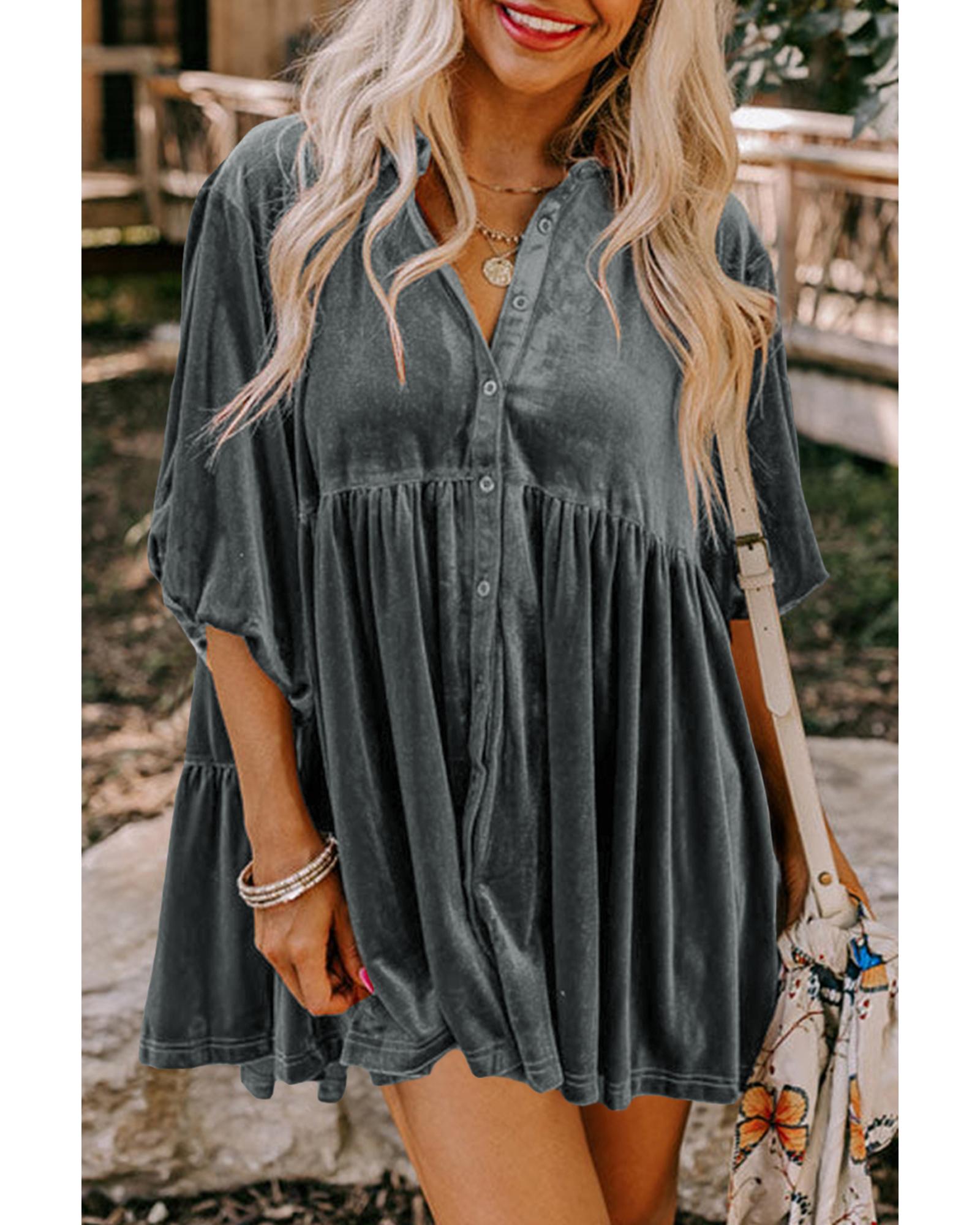 Azura Exchange Dark Grey 3/4 Sleeve Tunic Babydoll Velvet Shirt - L