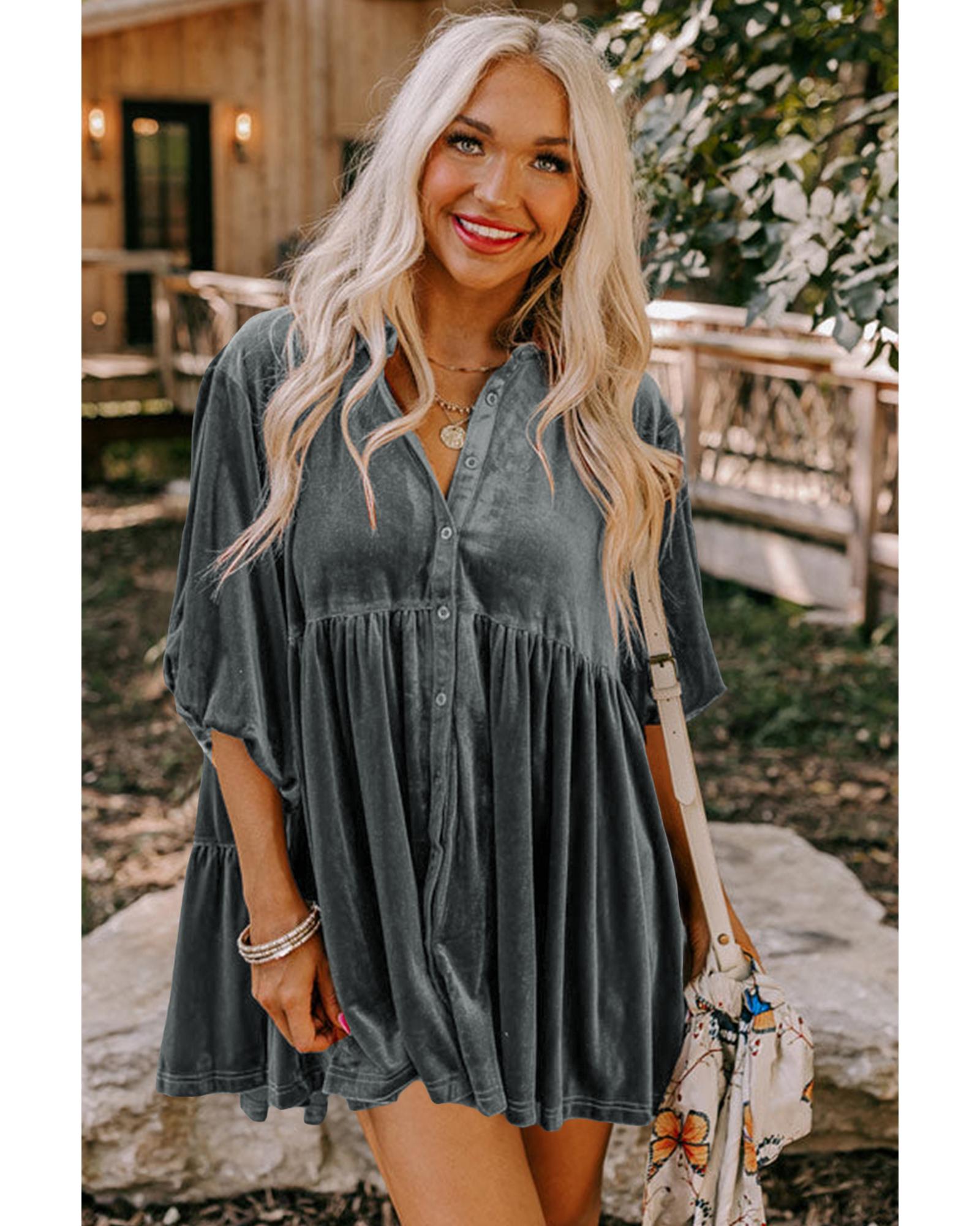 Azura Exchange Dark Grey 3/4 Sleeve Tunic Babydoll Velvet Shirt - L