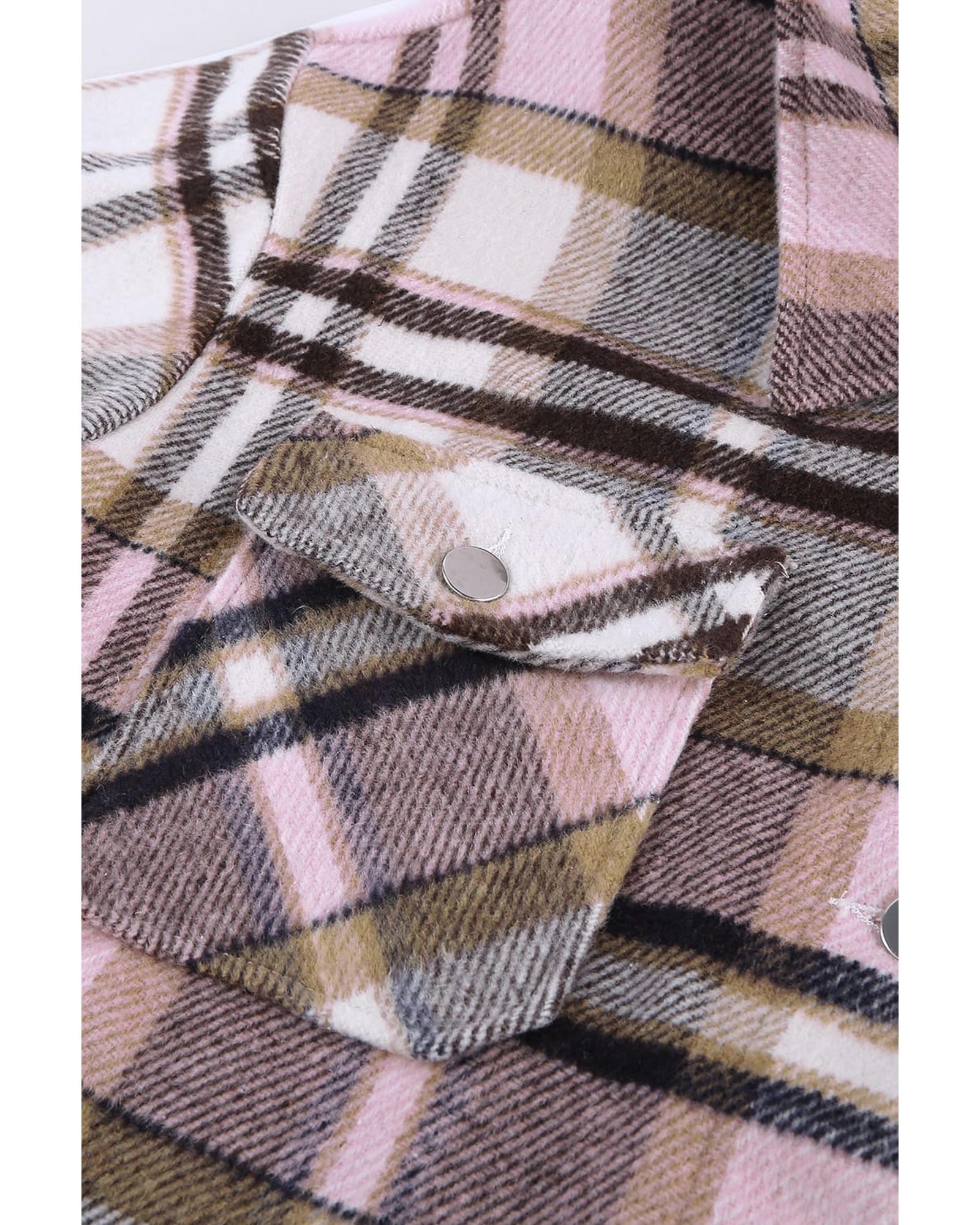 Azura Exchange Pink Geometric Plaid Print Pocketed Shacket - M