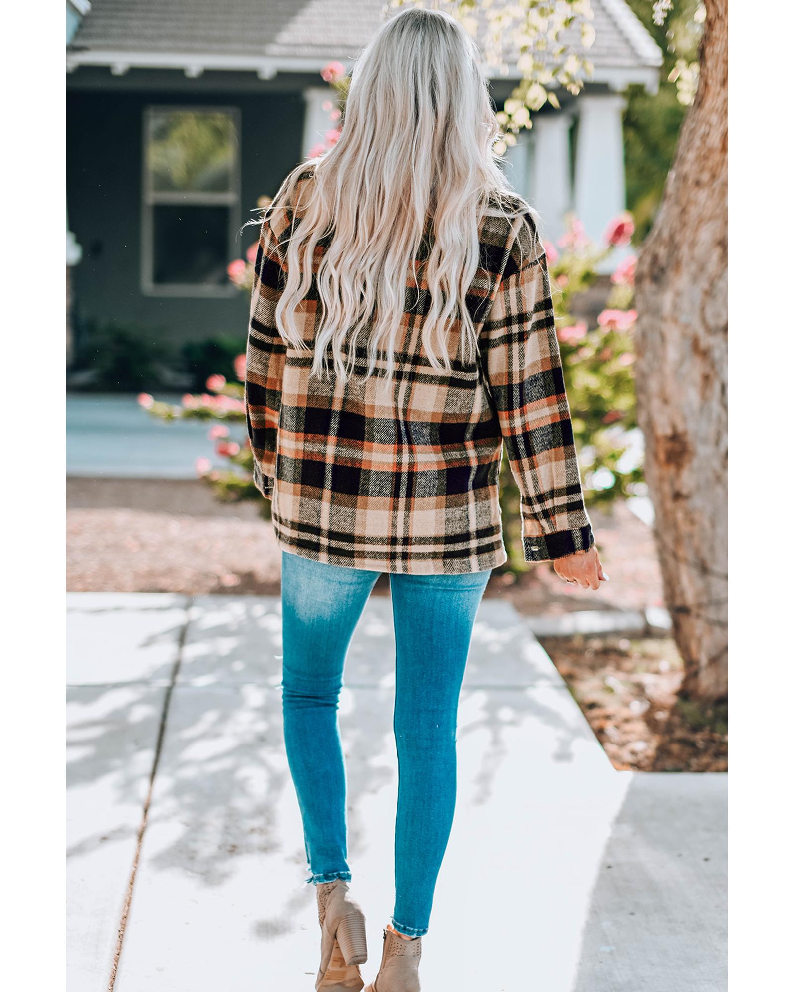 Orange Geometric Plaid Print Pocketed Shacket - M