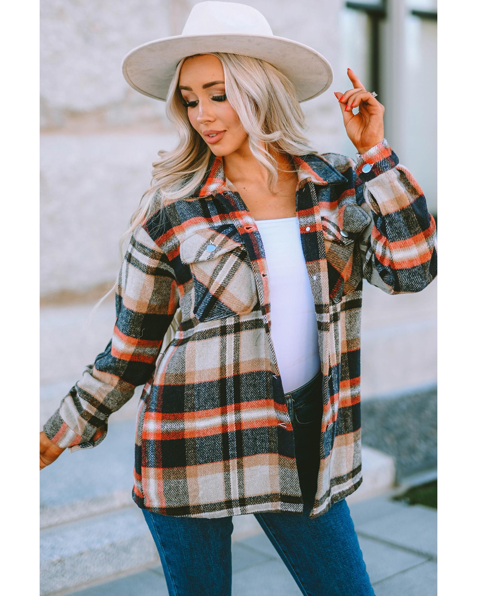 Azura Exchange Khaki Geometric Plaid Print Pocketed Shacket - L