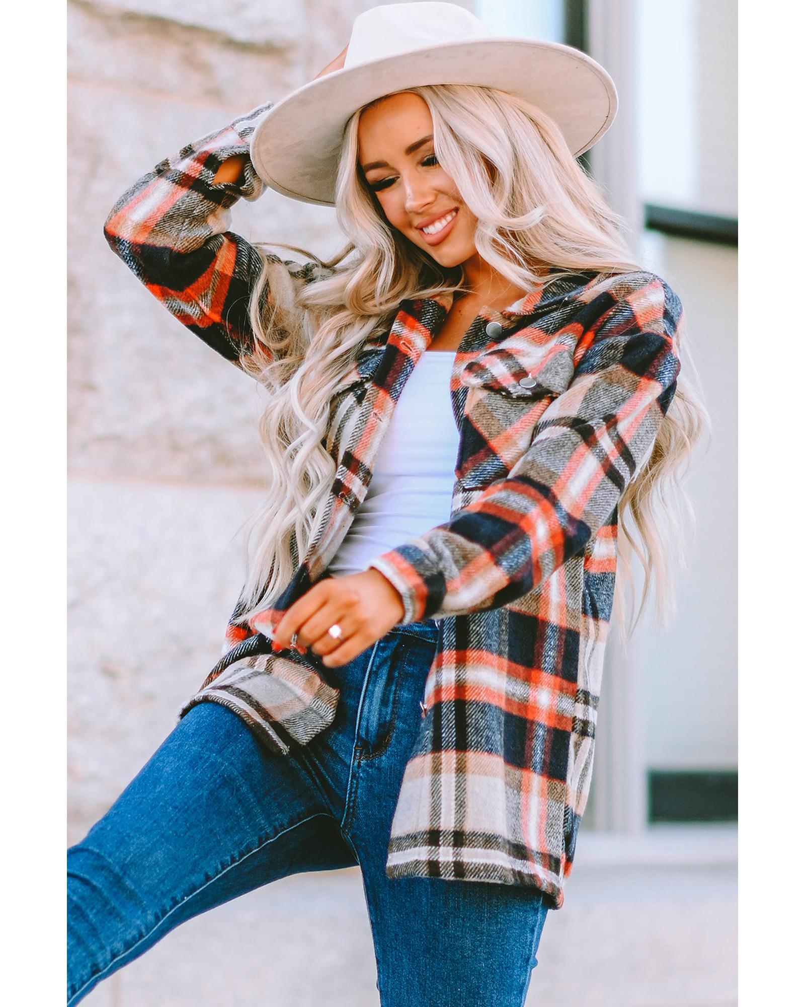 Azura Exchange Khaki Geometric Plaid Print Pocketed Shacket - M