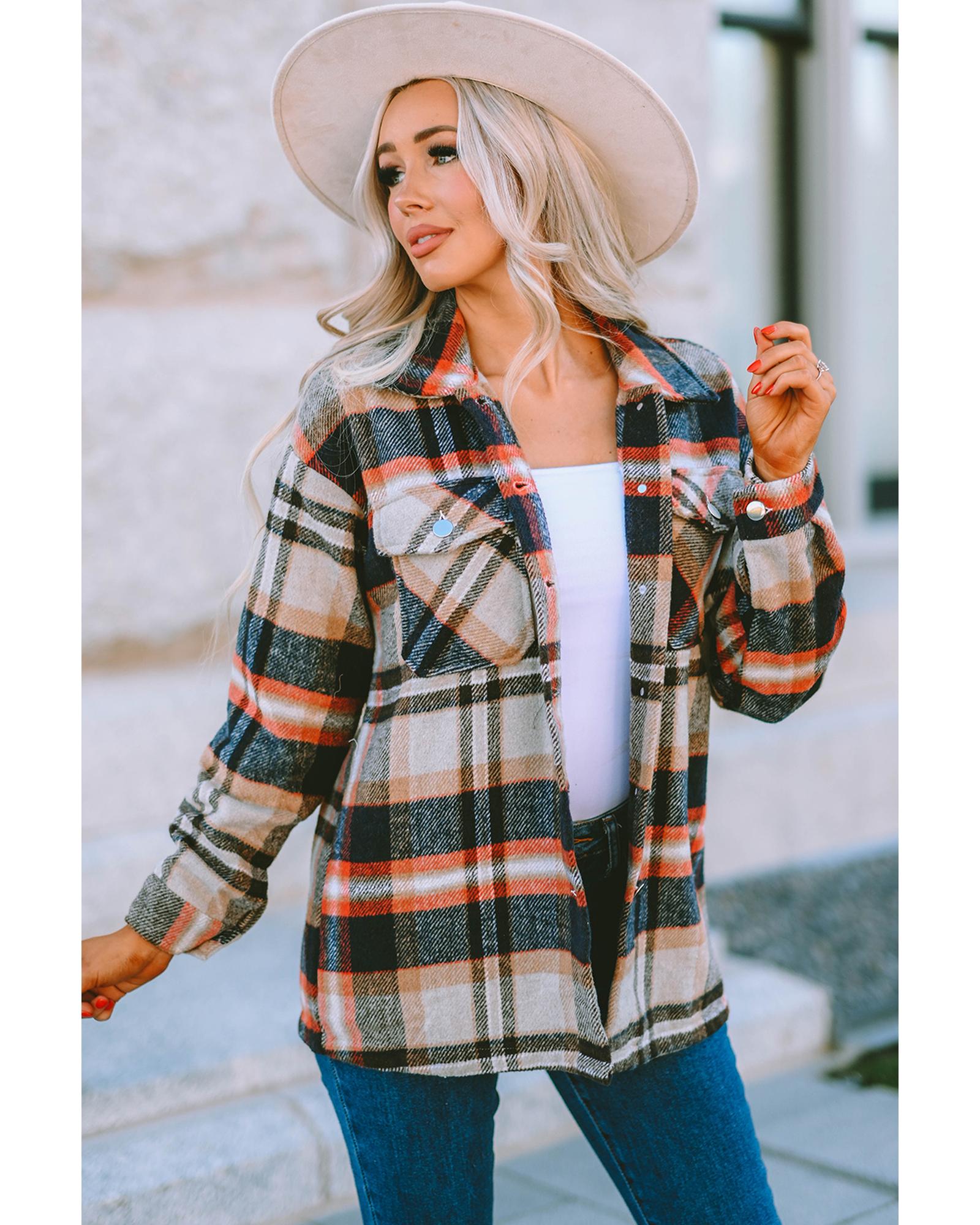 Azura Exchange Khaki Geometric Plaid Print Pocketed Shacket - M