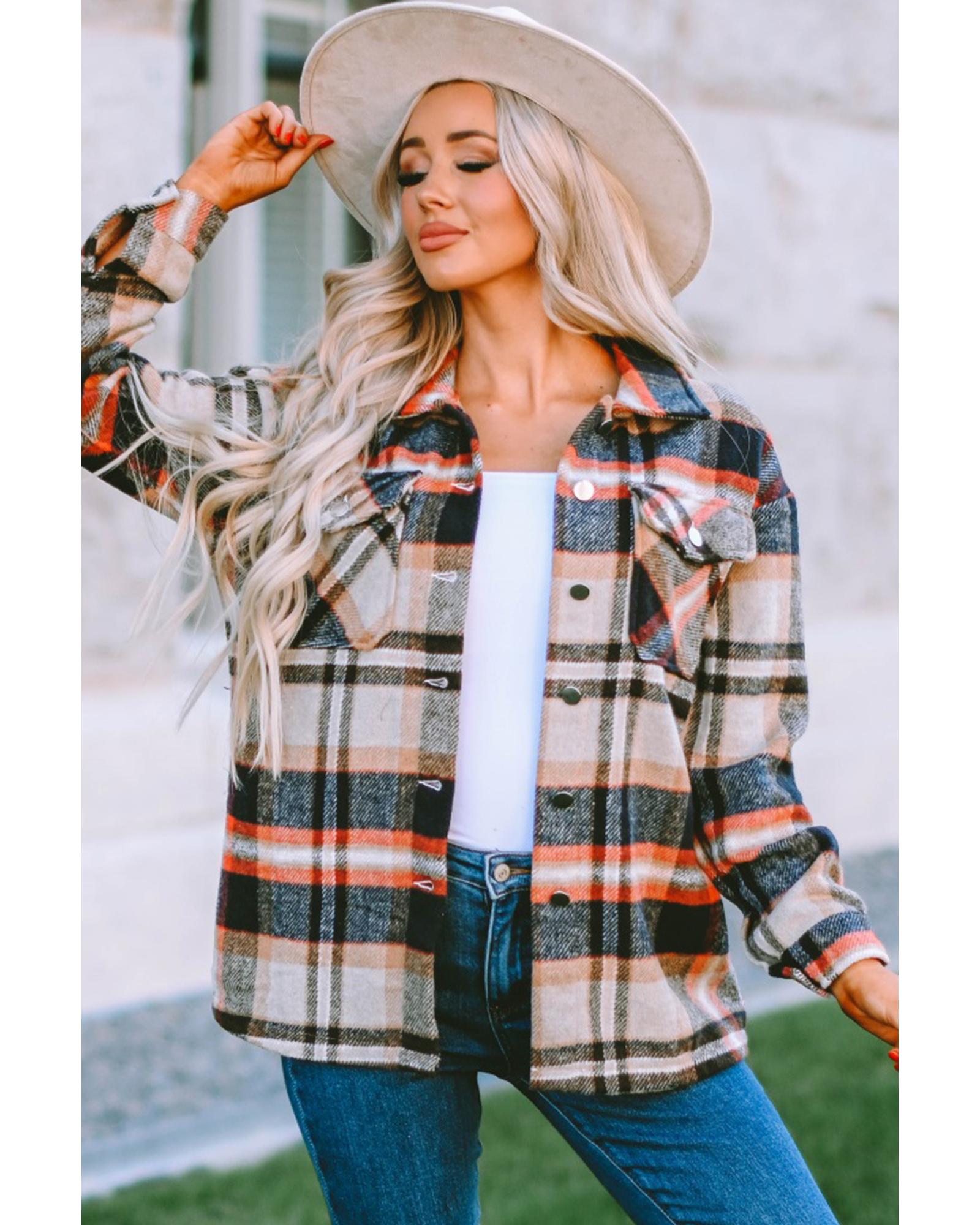 Azura Exchange Khaki Geometric Plaid Print Pocketed Shacket - M