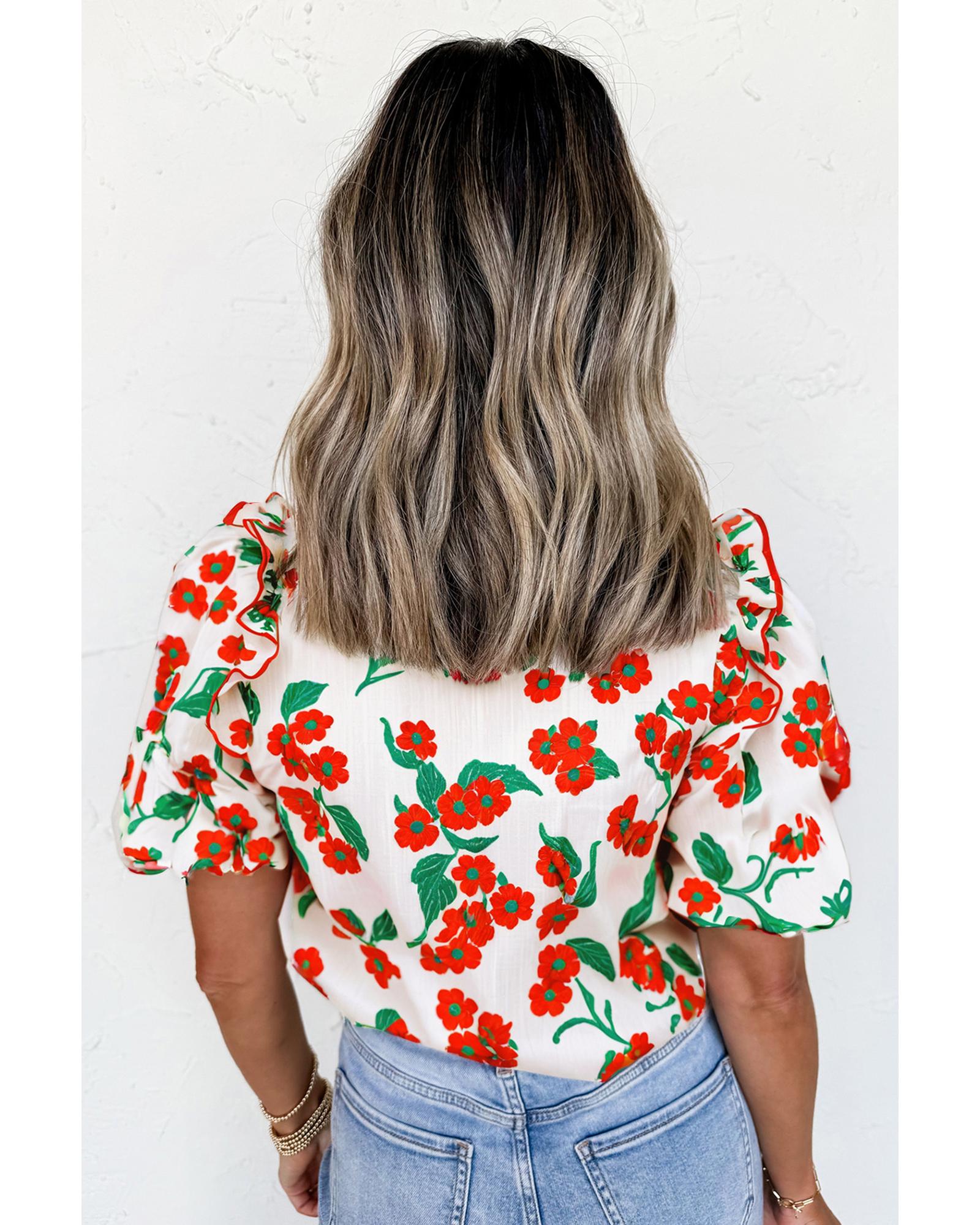 Red Floral Print Ruffled Puff Sleeve Elegant Summer Shirt - S