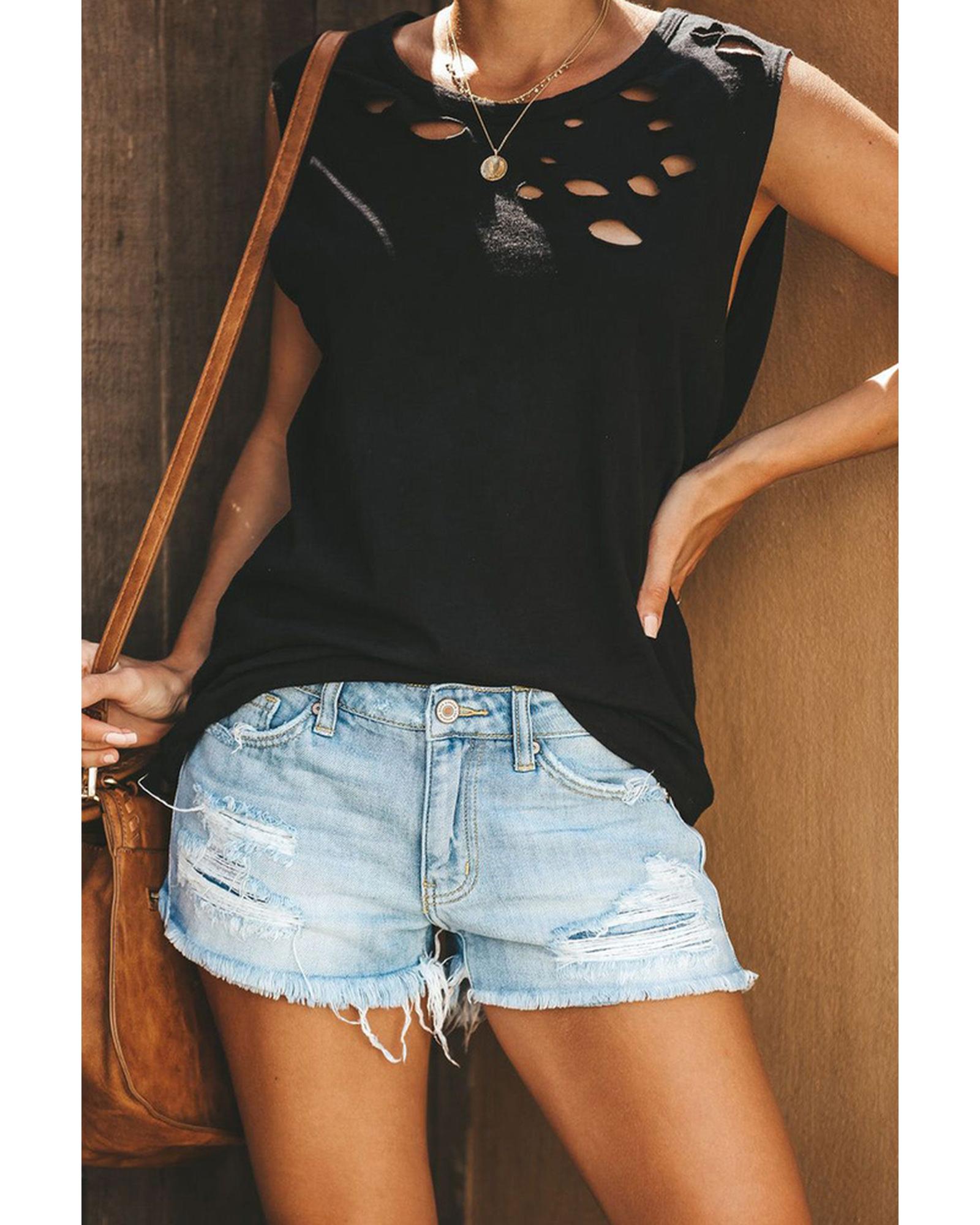 Azura Exchange Sleeveless Crew Neck Black Tank Top with Broken Hole Detail - L