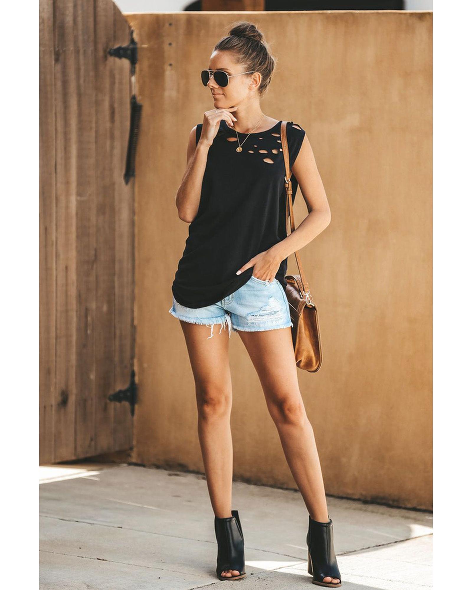 Azura Exchange Sleeveless Crew Neck Black Tank Top with Broken Hole Detail - L