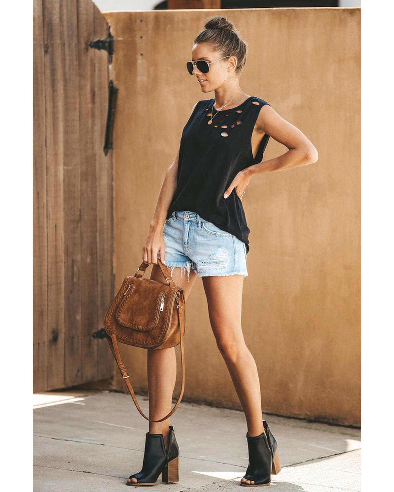 Azura Exchange Sleeveless Crew Neck Black Tank Top with Broken Hole Detail - S