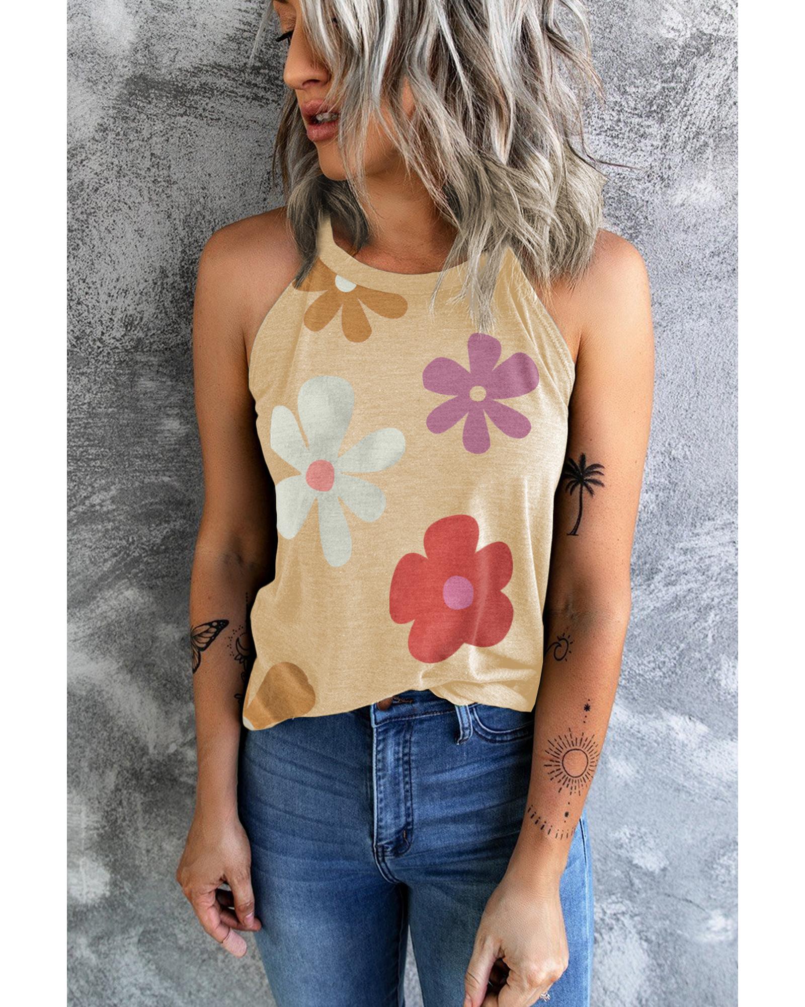 Khaki Flower Print Round Neck Tank - M