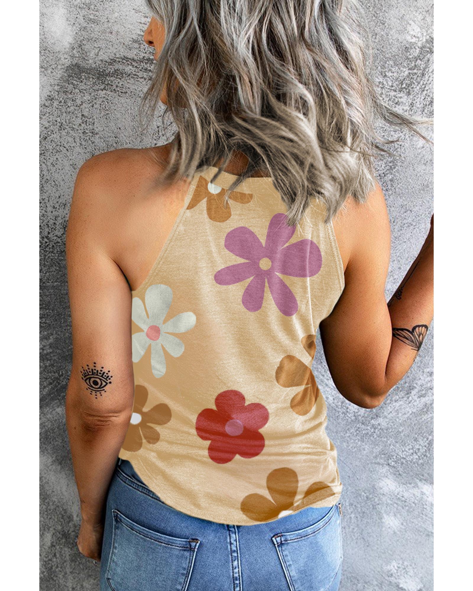Khaki Flower Print Round Neck Tank - M