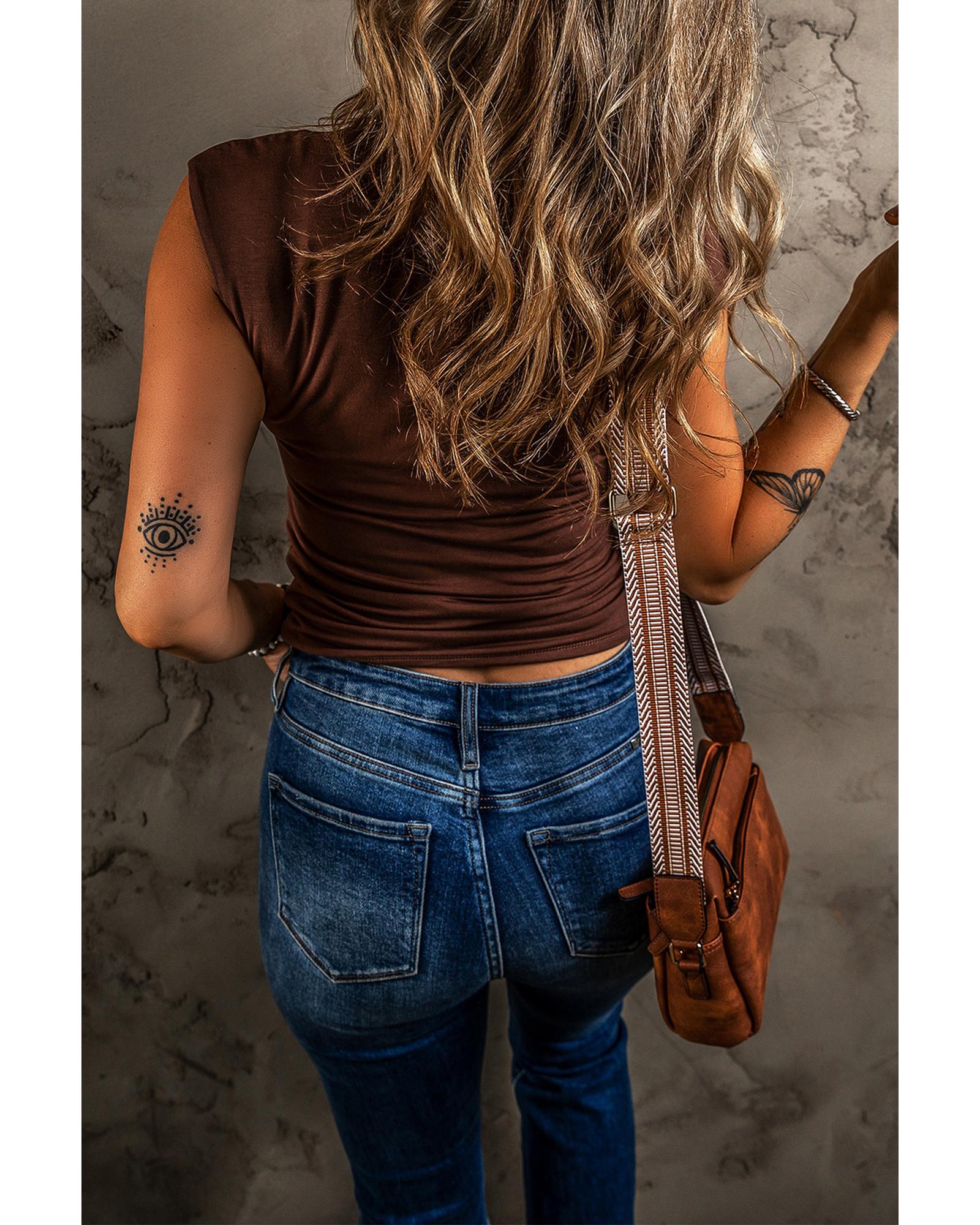 Coffee Solid Color U Neck Slim Fit Tank Top - M