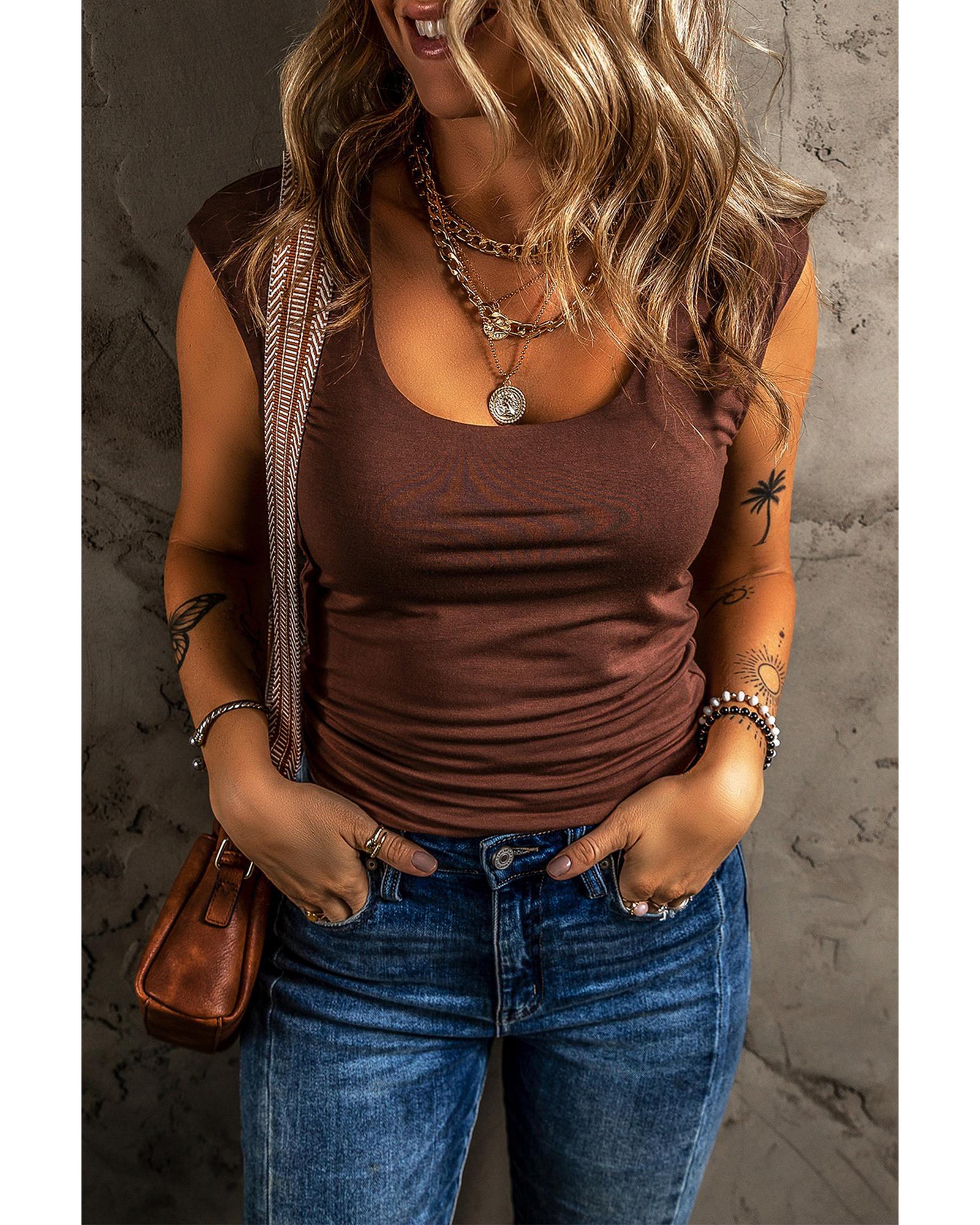 Coffee Solid Color U Neck Slim Fit Tank Top - M