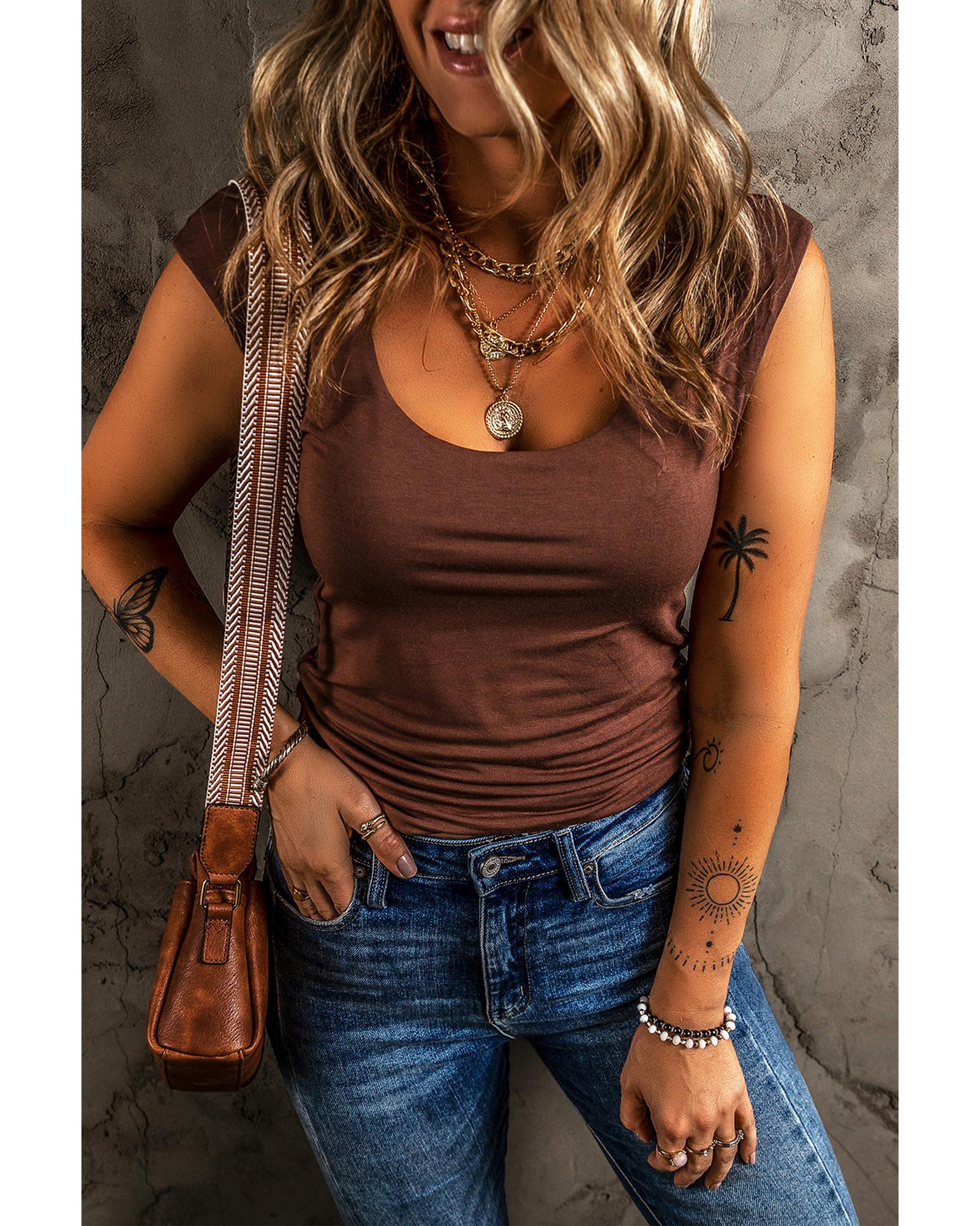 Coffee Solid Color U Neck Slim Fit Tank Top - S