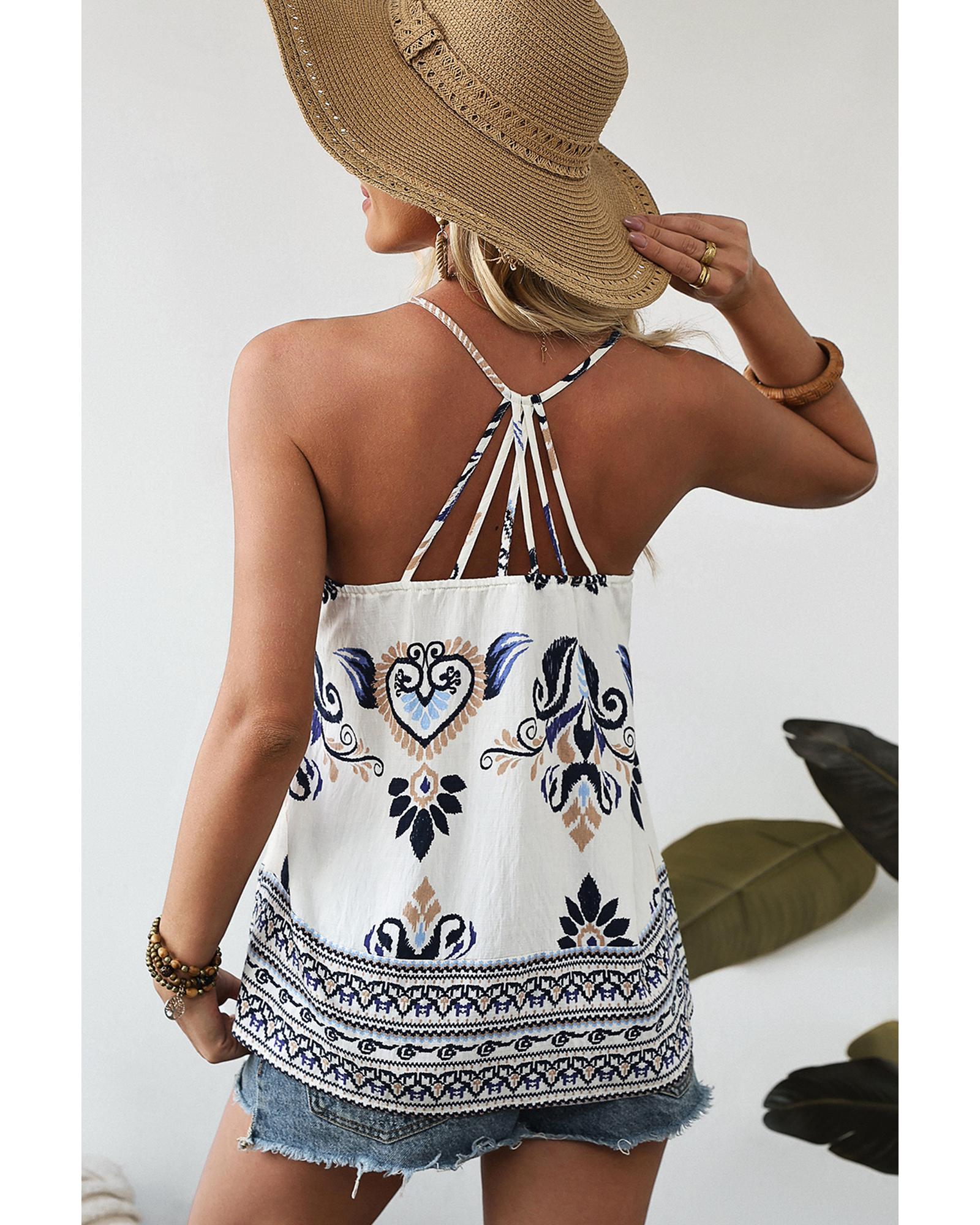 Blue Bohemian Fashion Print Spaghetti Straps Loose Tank - M