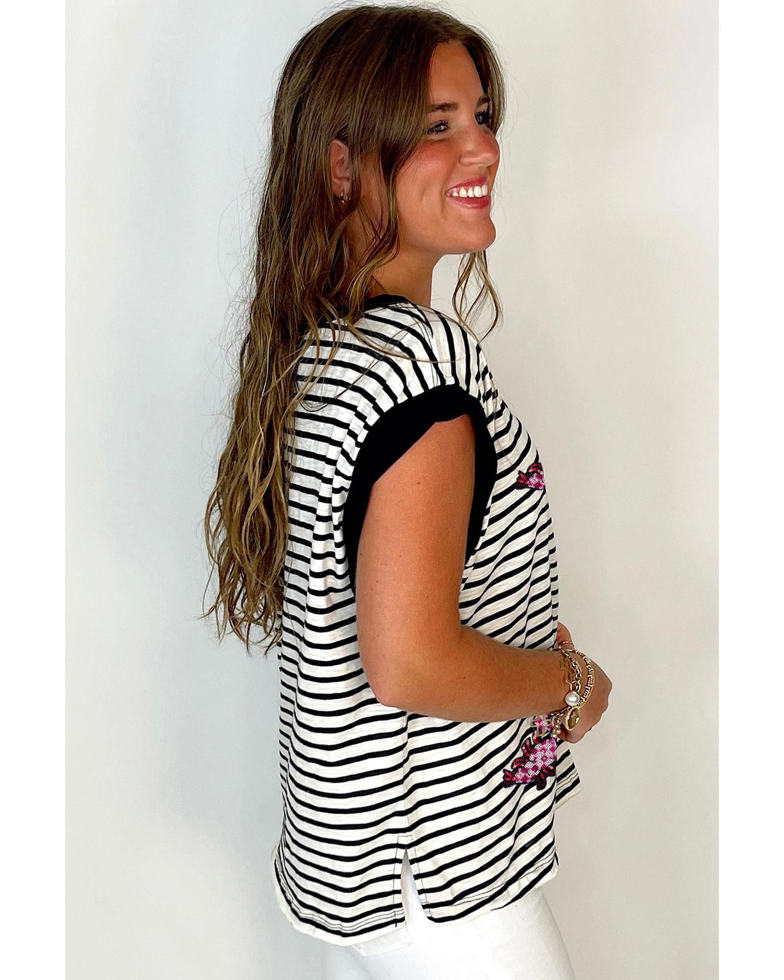 Black Stripe Sequined Lobster Patched Pocket Casual Tank Top - XL