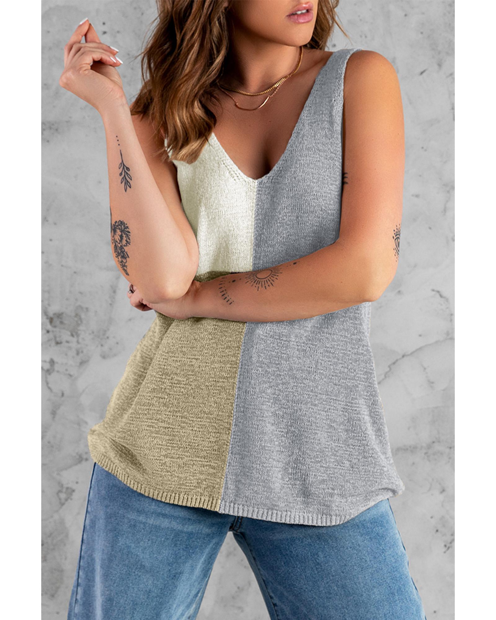 Gray Color Block Knitted Tank Top - XL