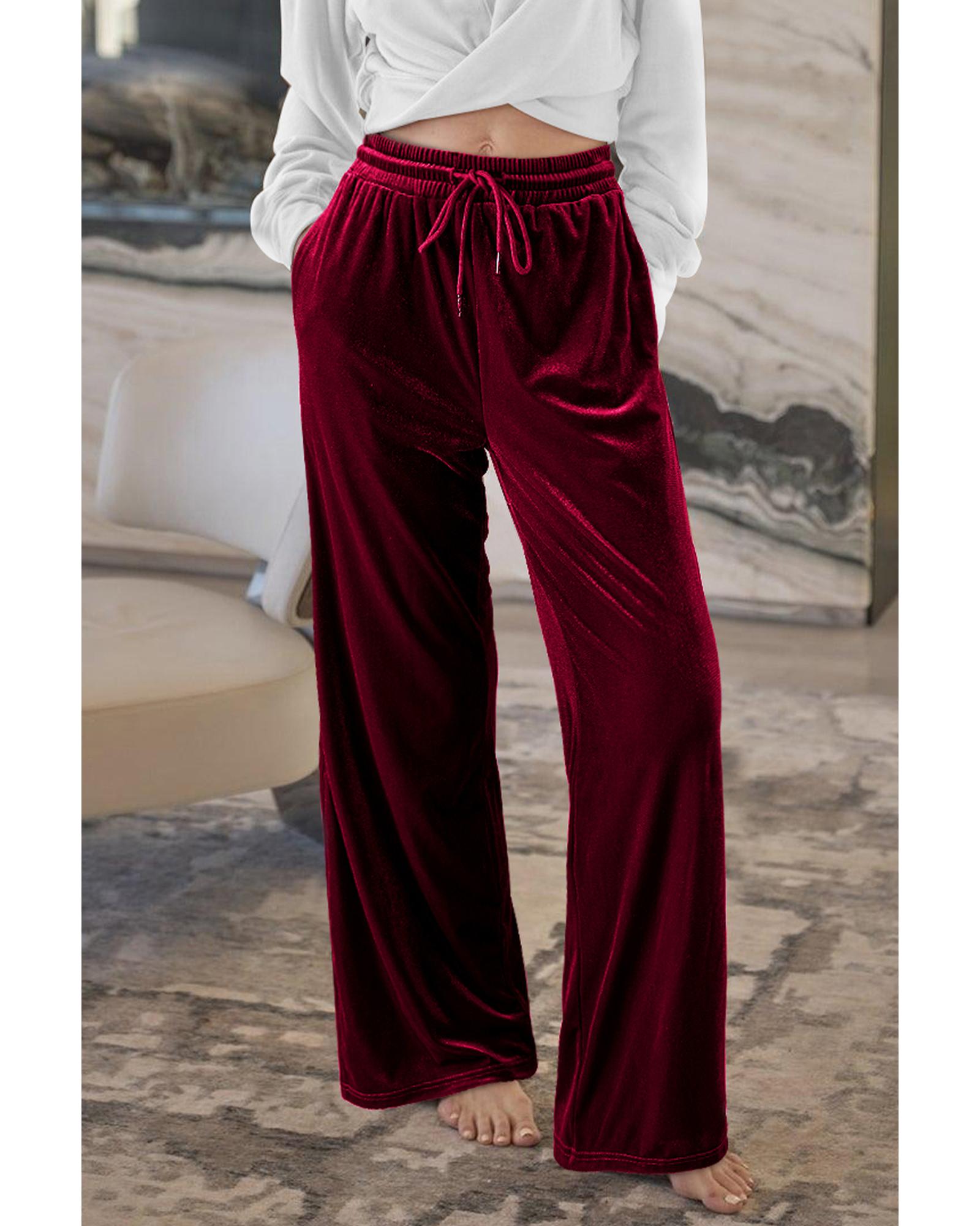 Burgundy Solid Drawstring Waist Wide Leg Pants - M