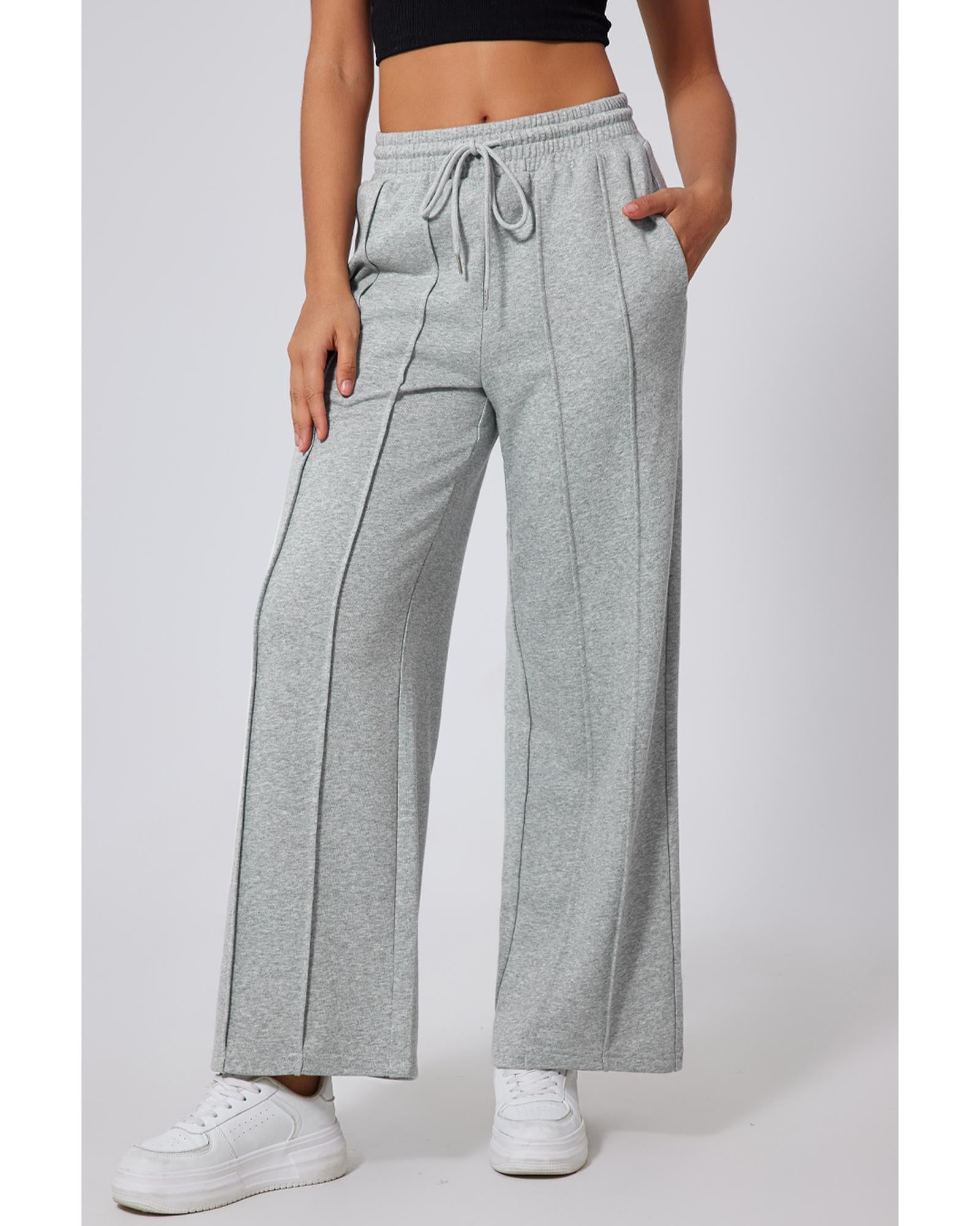 Gray Seamed Drawstring High Waist Wide Leg Sweatpants - M