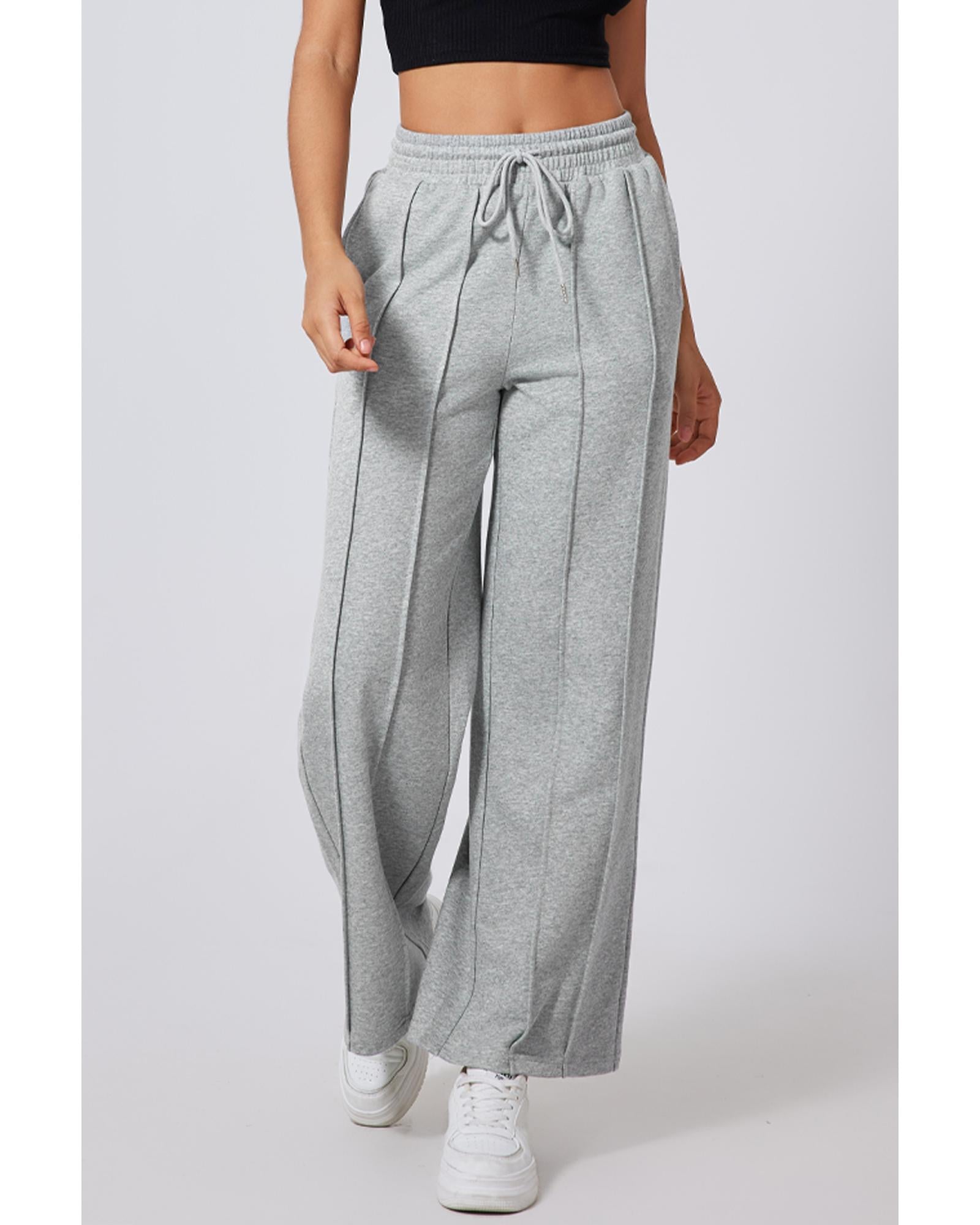 Gray Seamed Drawstring High Waist Wide Leg Sweatpants - M