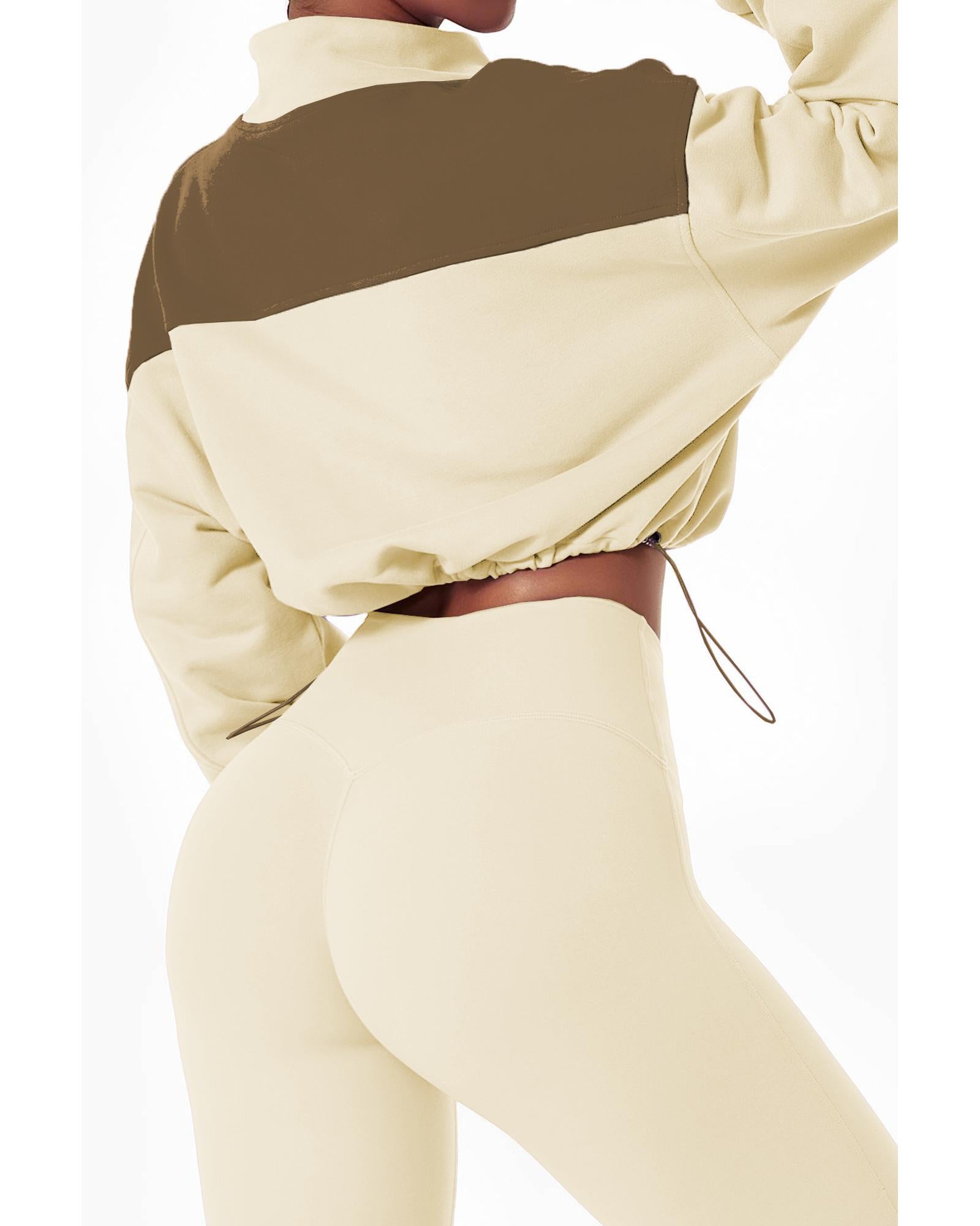 Beige Color Block Drawstring Cropped Athleisure Jacket - M
