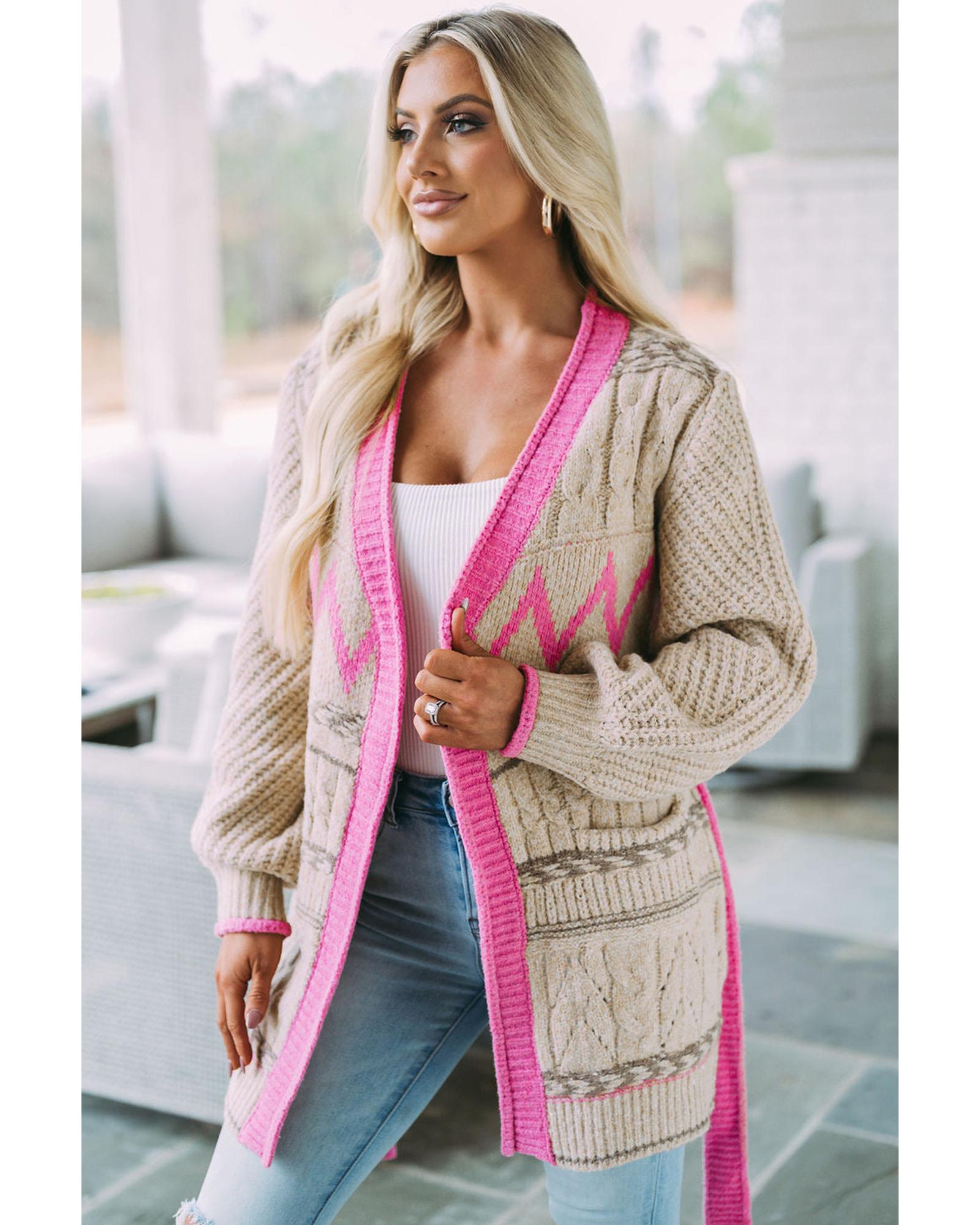 Gray Geometric Cable Knit Pocketed Open Front Cardigan - M