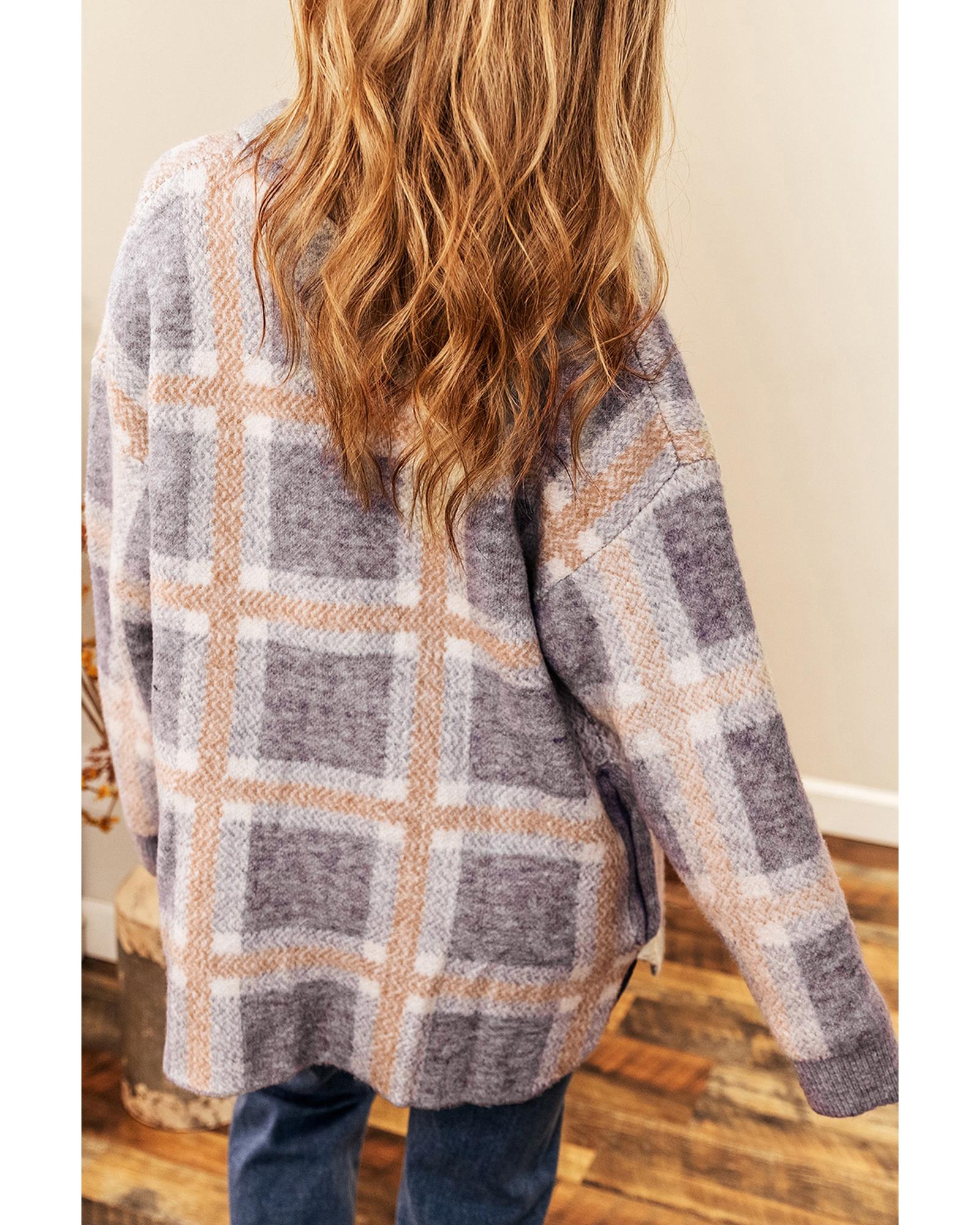 Sky Blue Fuzzy Plaid Collared Button Up Cardigan - M