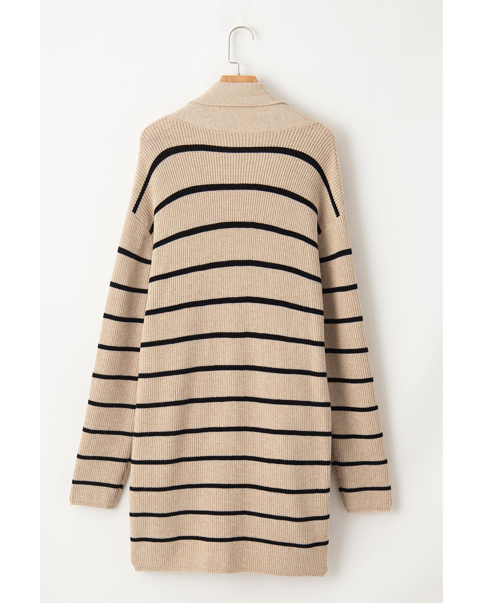 Black Stripe Shawl Neckline Open Cardigan with Pockets - 2XL