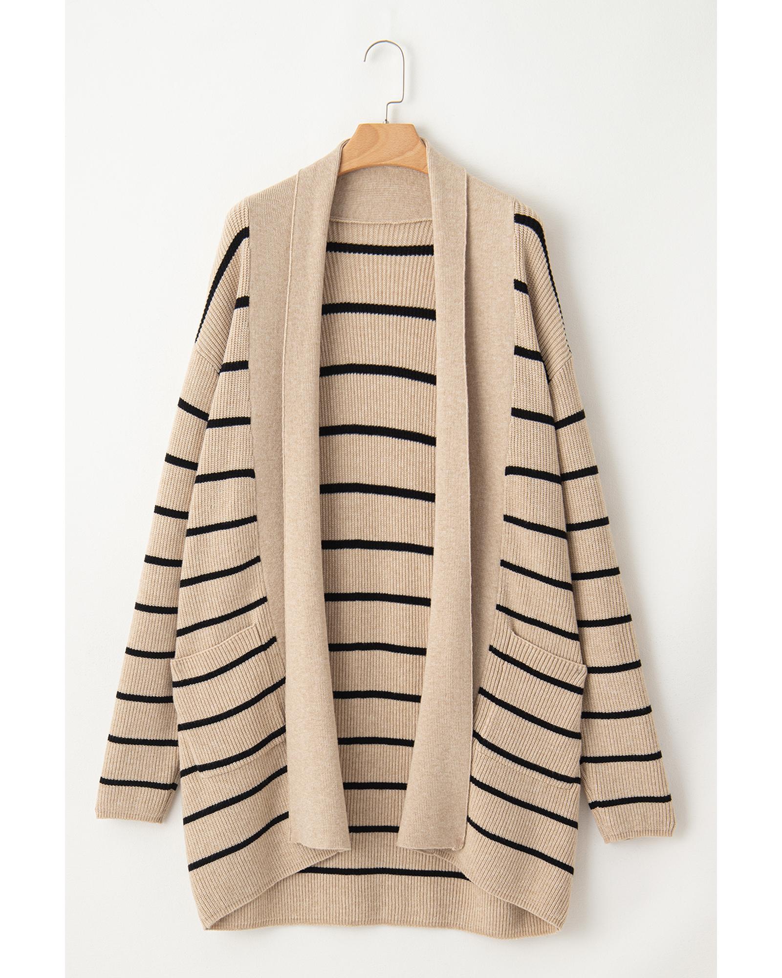 Black Stripe Shawl Neckline Open Cardigan with Pockets - M