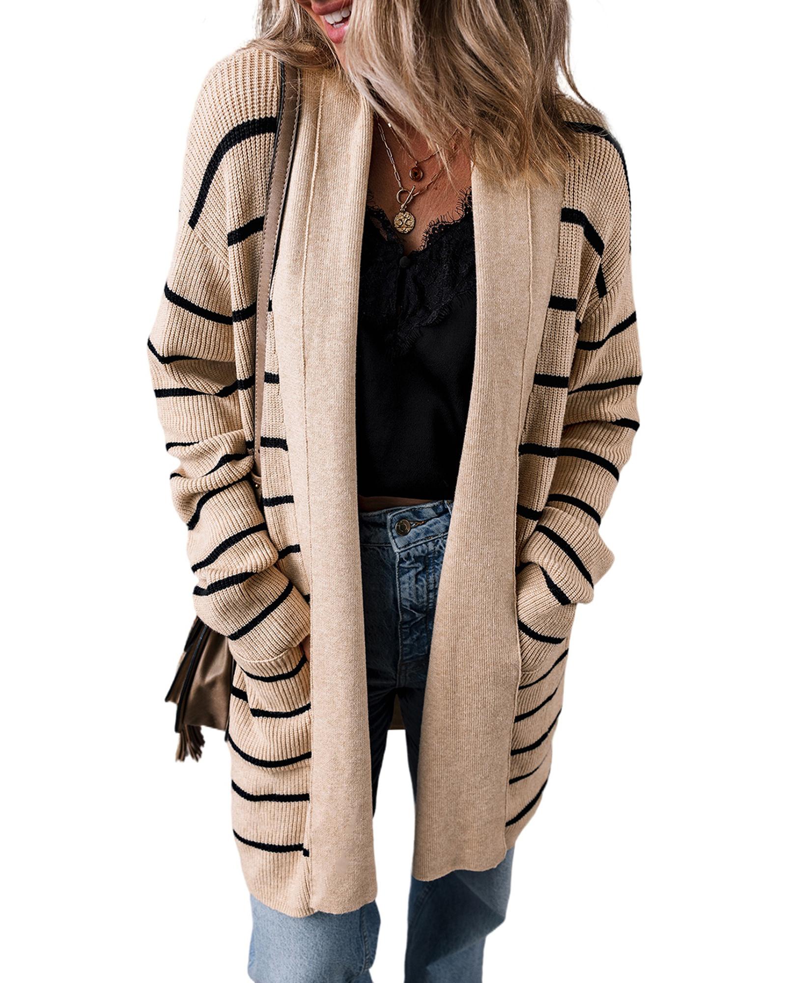 Black Stripe Shawl Neckline Open Cardigan with Pockets - S