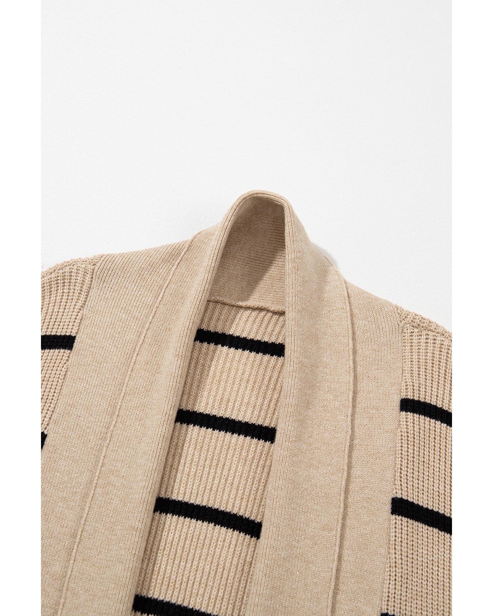 Black Stripe Shawl Neckline Open Cardigan with Pockets - S